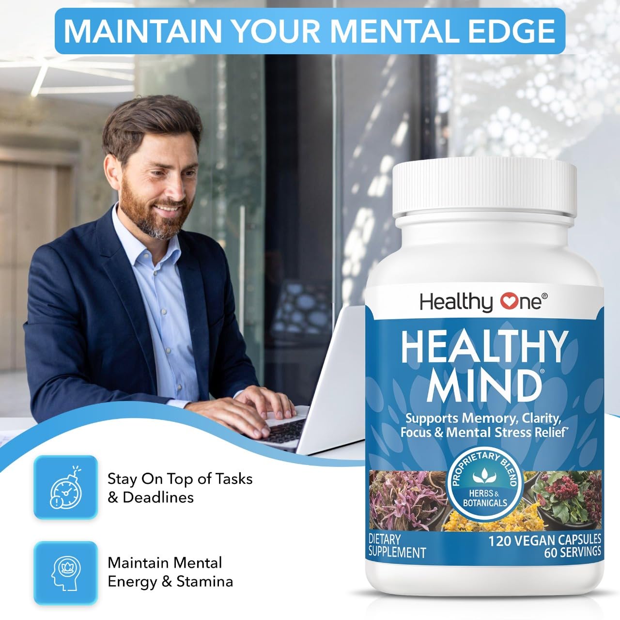 Healthy Mind - Safe for Teens - Brain Fog - Cognitive Function - Concentration - Focus - Neural Optimization - Mood - Ginkgo Biloba - Ginseng - Rhodiola - Bacopa - Gotu Kola - Green Tea - 60 Count Healthy One buy supplements canada