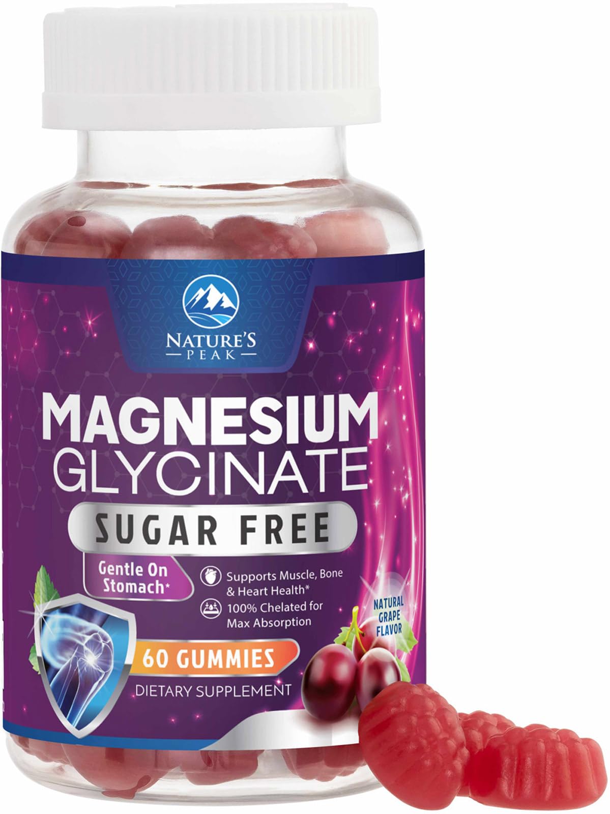 Magnesium Glycinate Gummies - Sugar Free - 100% Chelated Magnesium Gummy Supplement for Max Absorption - for Sleep Support & Heart, Muscle & Bone Health - Gentle on Stomach, Grape Flavor - 60 Gummies Nature's Peak buy supplements canada