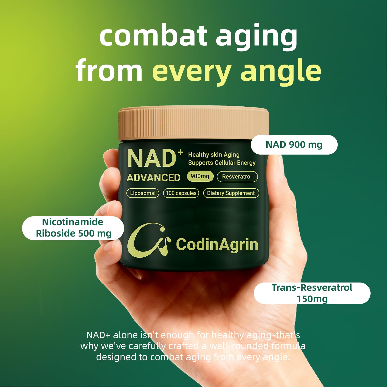 CodinAgrin NAD+ Supplement with Resveratrol 900mg Nicotinamide Adenine Dinucleotide Complex for Cellular Energy Repair, Anti-Aging & Mental Clarity Support, Non-GMO, Vegetarian Friendly, 100 Capsules CodinAgrin buy supplements canada