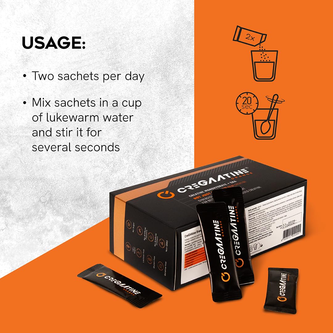 CreGAAtine Micronized Creatine Monohydrate + GAA | Increase Strength, No Water Retention | Boosts Memory & Focus | Single-Serve Packets | 60 Sachets, 30 Servings | (Sachets, Orange) CreGAAtine buy supplements canada