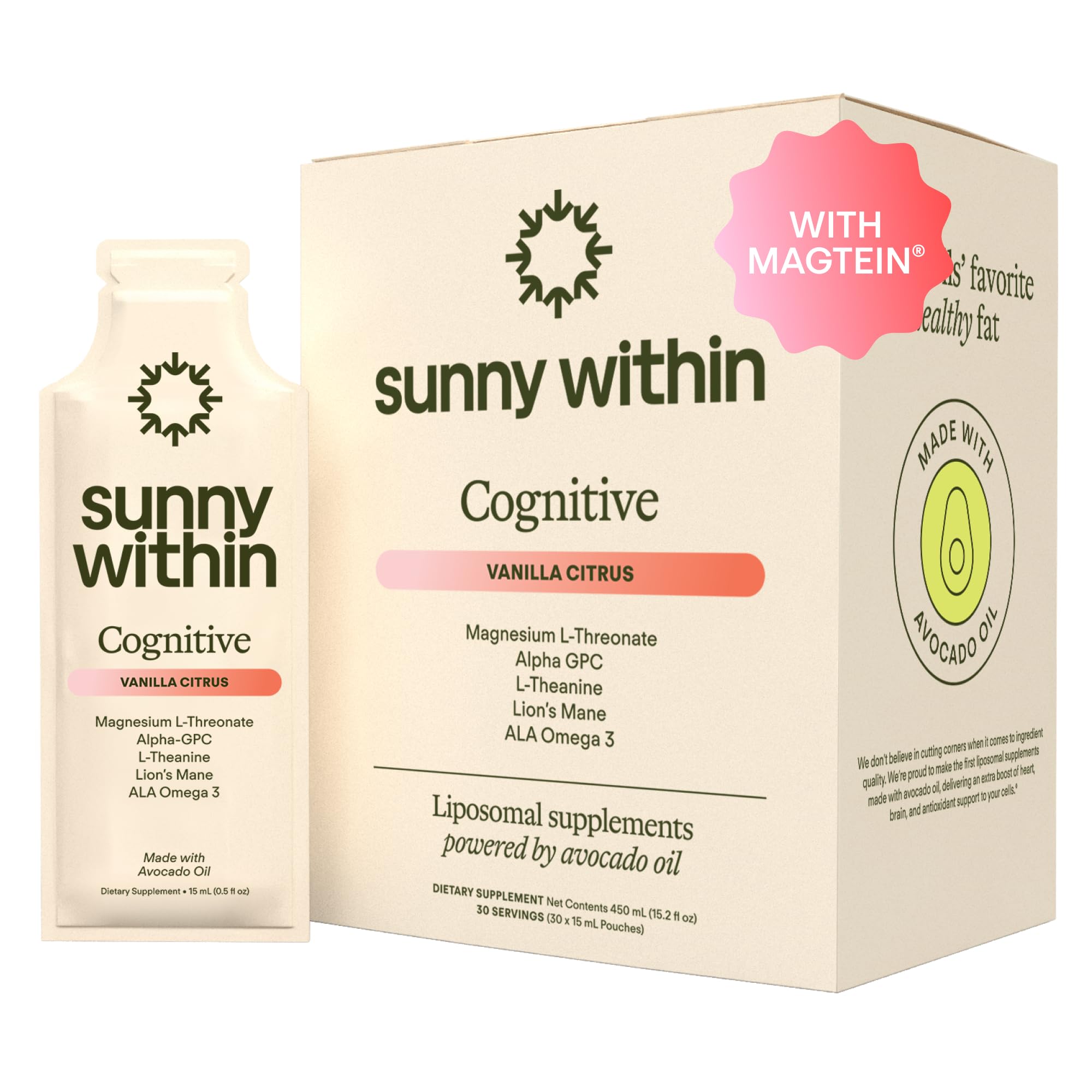 Sunny Within - Brain Health Supplement - Magnesium L-Threonate from Magtein®, Lion’s Mane, Alpha GPC, L-Theanine, ALA & Avocado Oil - Focus, Mood & Memory Support* - 30 Daily Vegan Pouches Sunny Within buy supplements canada