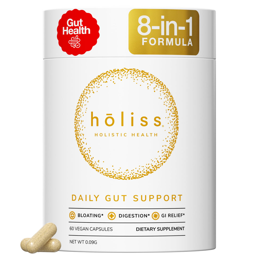 HOLISS Daily Gut Health Capsules – 8-in-1 All Natural Supplement, Lemon Balm, Bloat & Gas Relief, GI Lining Repair, HOLISS buy supplements canada
