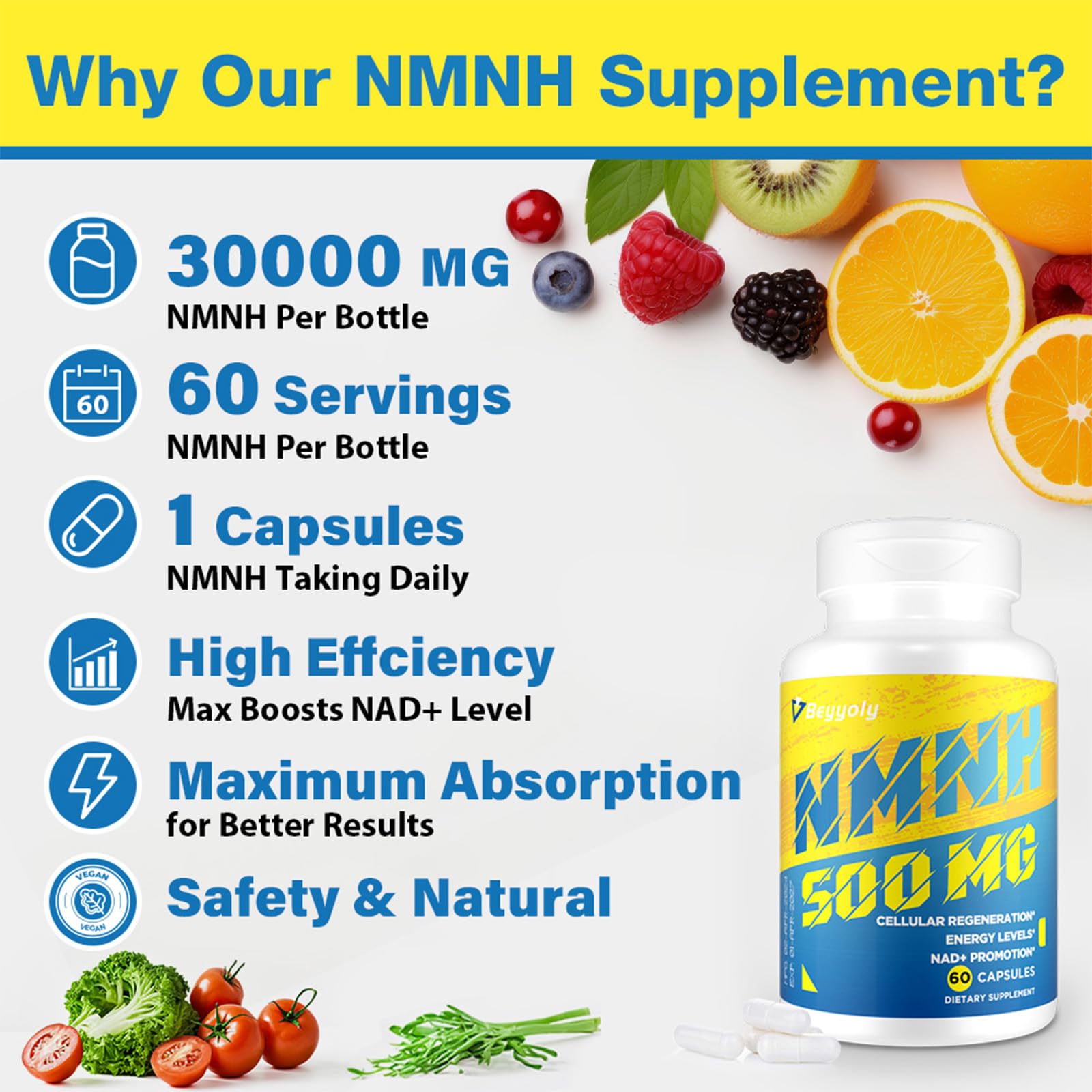 NMNH (NMN Supplement Alternative) NAD Supplements for Anti Aging, Energy, Immune, Focus (Dihydronicotinamide Mononucleotide) 500mg, to Boost NAD+ Levels As We Age, Pure Organic - 60 Capsules Beyyoly buy supplements canada