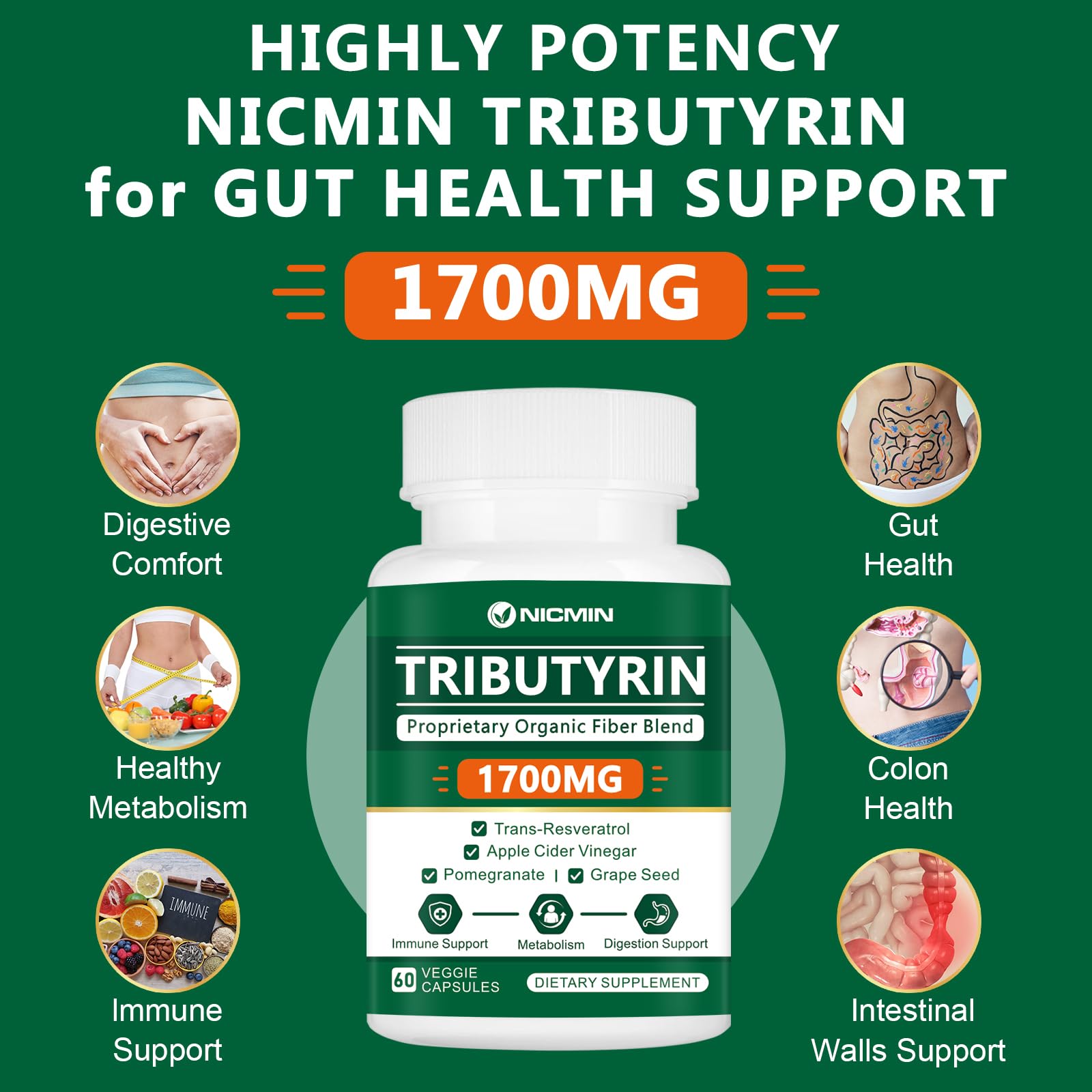 NICMIN Tributyrin Supplement - Premium Butyrate Gut Health Supplement for Leaky Gut 60 Capsules NICMIN buy supplements canada