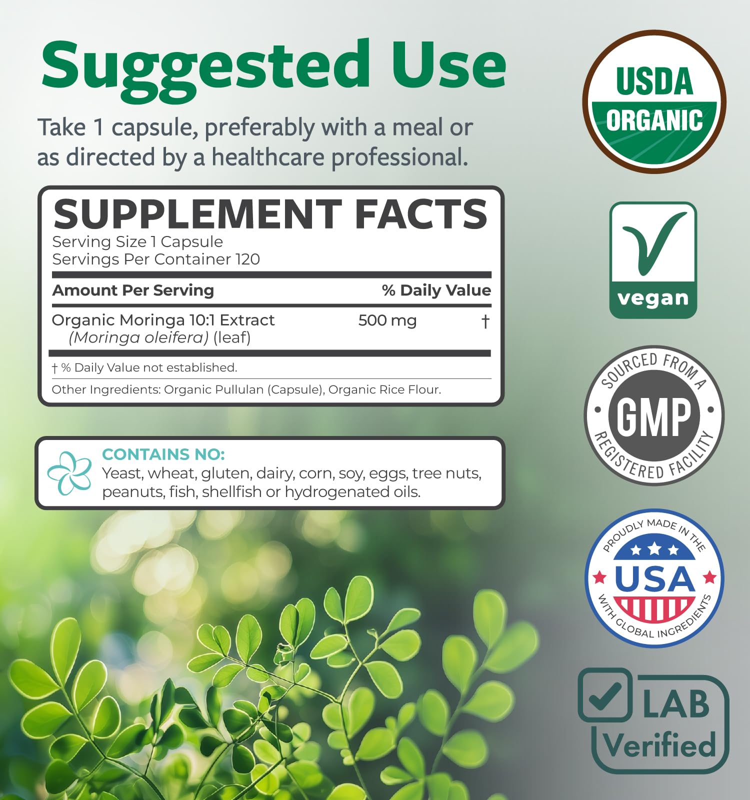 USDA Organic Moringa Capsules - High Potency Organic Moringa 500mg Extract 10:1 Per 1 Capsule Serving - Nutrient Dense Green Superfood Antioxidant PURE CO buy supplements canada