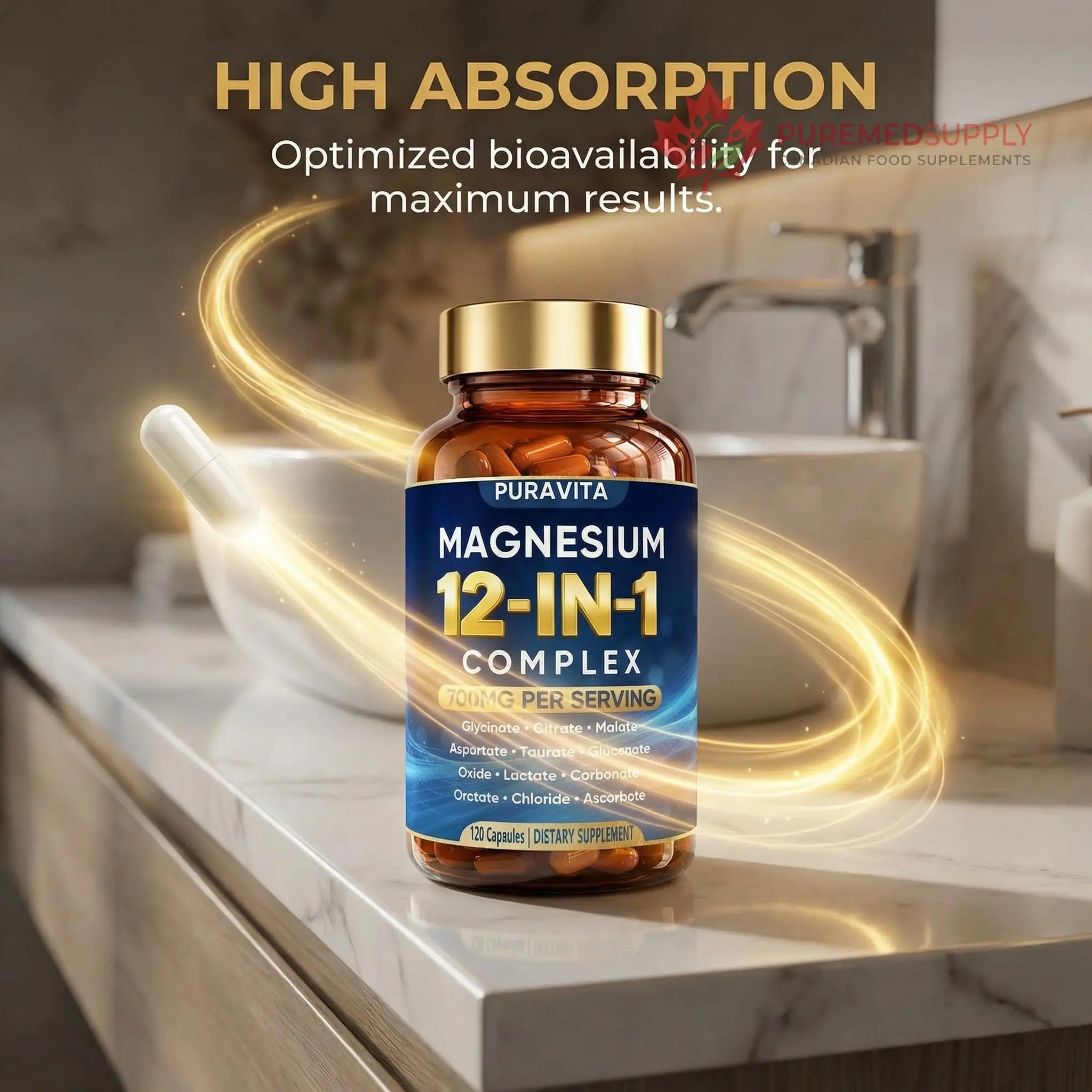Puravita 12 in 1 Magnesium Complex Capsules - 700mg High Absorption Blend with Glycinate, Citrate, Malate, Oxide & Taurate. Supports Muscle Function, Nerve Health & Relaxation - 120 Capsules (1) PURAVITA buy supplements canada