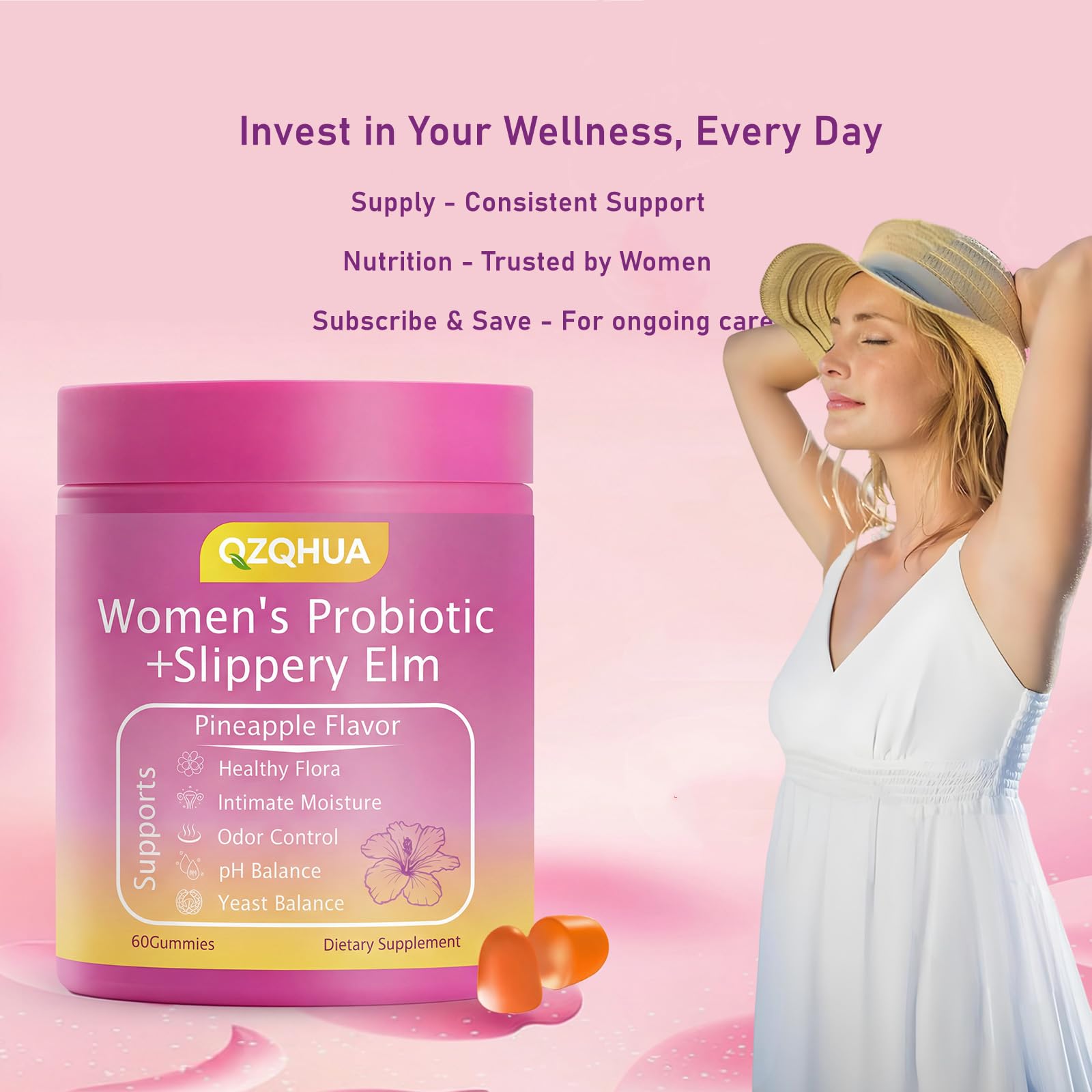 Premium Feminine Balance Gummies for Women - 60 Gummies, Hawaiian Pineapple Flavor - with Probiotics & Vitamin C - Supports Feminine Wellness & Healthy Balance - Gluten Free, Vegan（30 Servings）（Q2） QZQHUA buy supplements canada