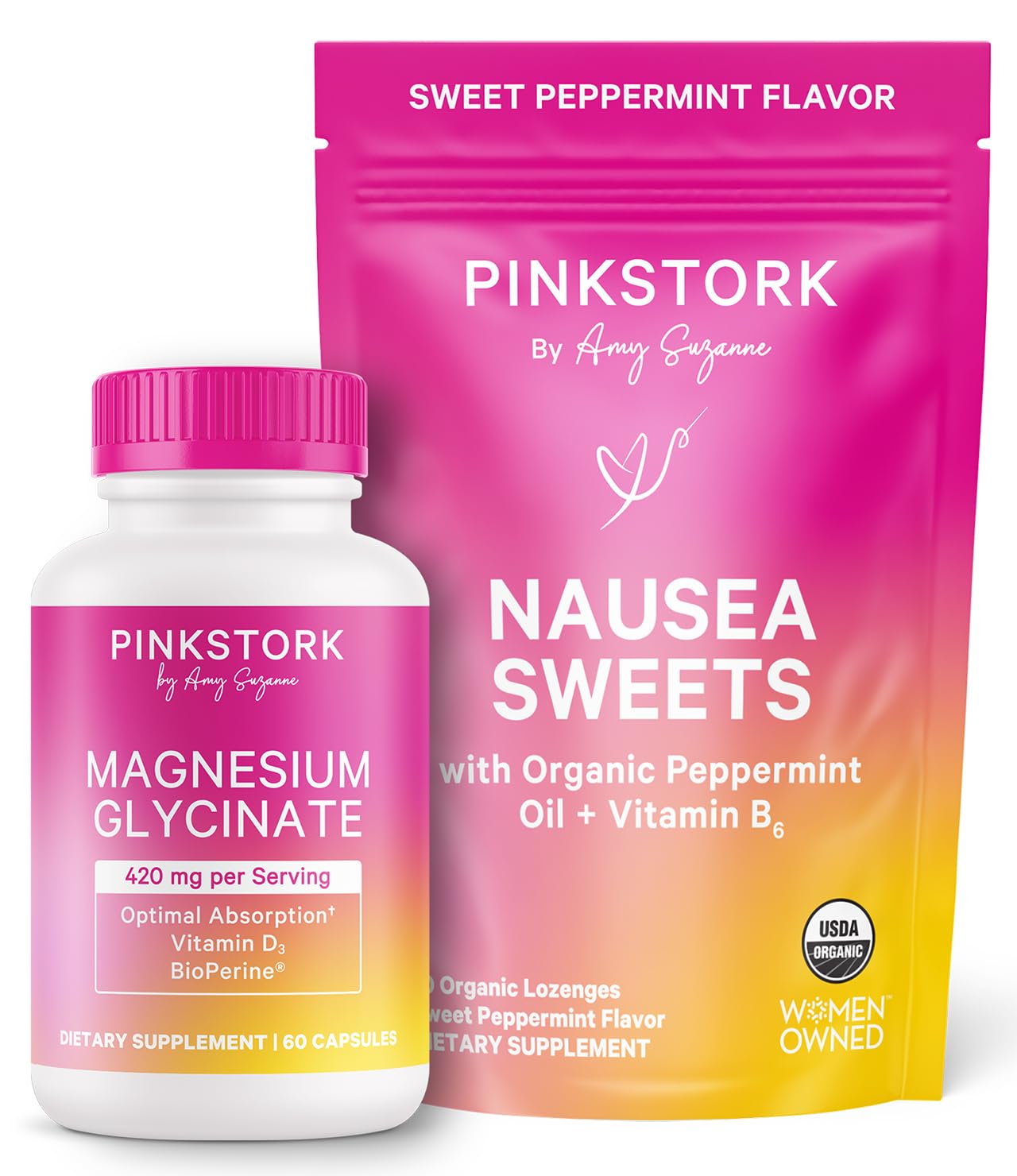 Pink Stork Mood and Stomach Relief Bundle - Magnesium Glycinate and Organic Peppermint Sweets for Morning Sickness and Motion Sickness, Mood Support Pink Stork buy supplements canada