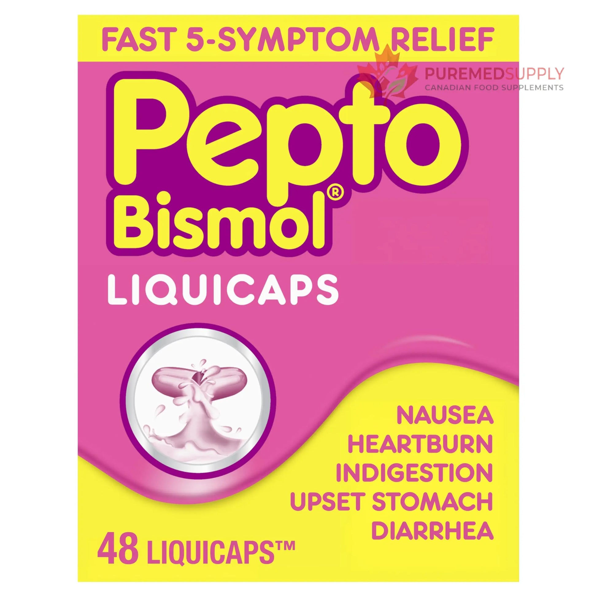 Pepto Bismol Liquicaps, Upset Stomach Relief, Nausea Relief, Heartburn Relief, Indigestion Relief, Anti Diarrhea Medication for Adults - 5 Symptom Fast Relief, No Flavor, 48 ct Pepto Bismol buy supplements canada