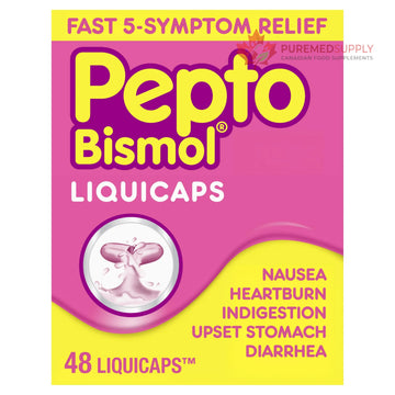 Pepto Bismol Liquicaps, Upset Stomach Relief, Nausea Relief, Heartburn Relief, Indigestion Relief, Anti Diarrhea Medication for Adults - 5 Symptom Fast Relief, No Flavor, 48 ct Pepto Bismol buy supplements canada