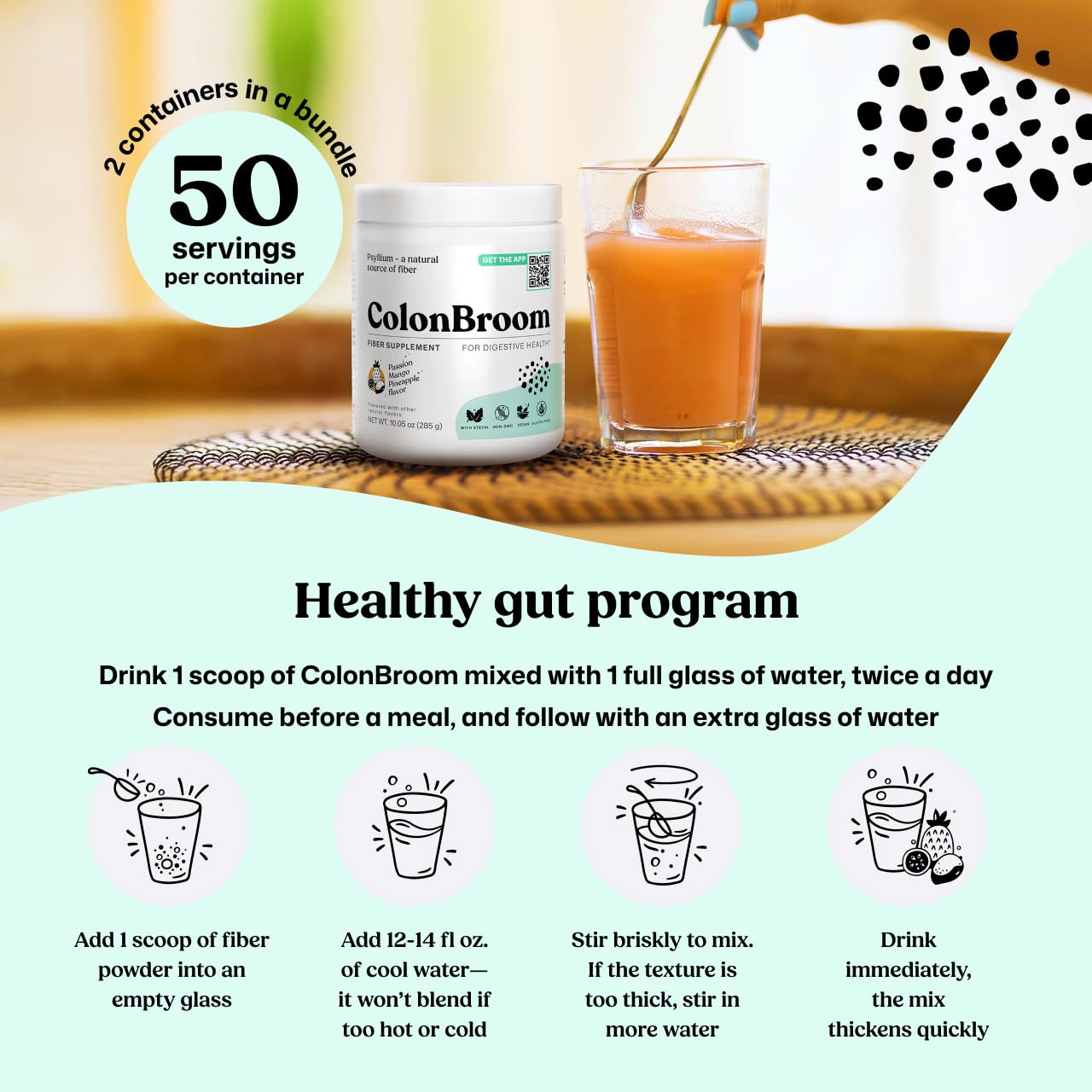 ColonBroom Psyllium Husk Powder - Colon Cleanse for Bloating Relief & Gut Health - Fiber Powder Drink - Easy to Mix - Vegan, Gluten Free, Non-GMO - Strawberry & Tropical Fruits (2 Pack) ColonBroom buy supplements canada