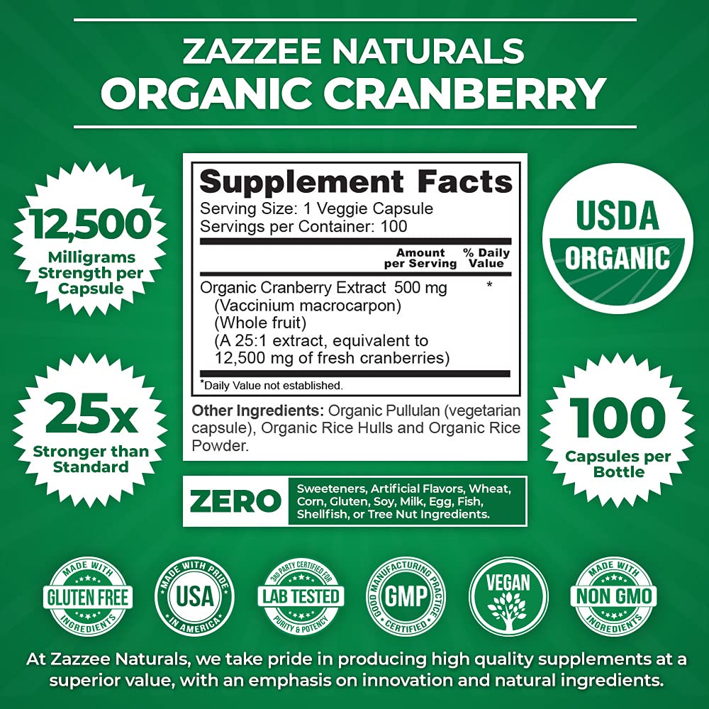 Zazzee USDA Organic Cranberry 25:1 Extract, 12,500 mg Strength, 100 Vegan Capsules Zazzee buy supplements canada