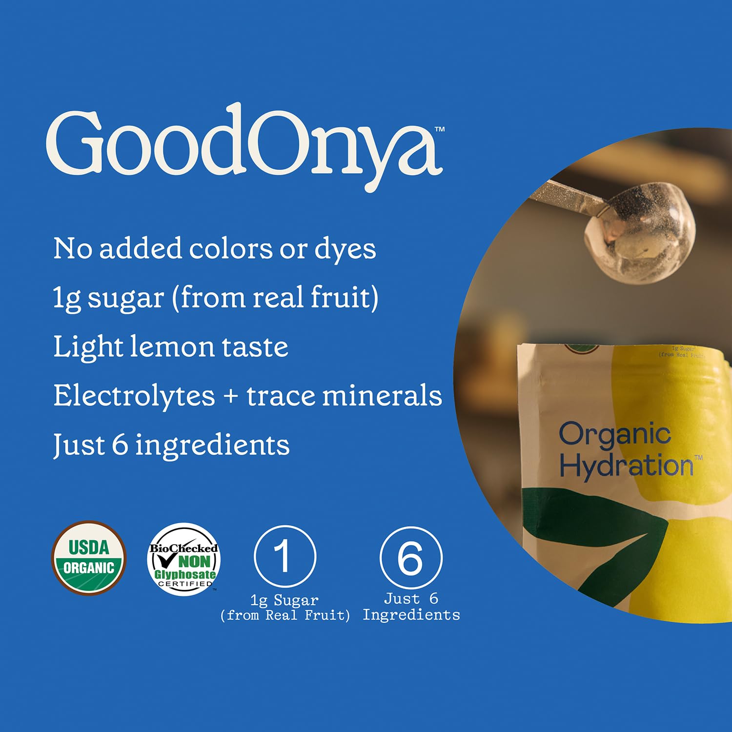 GOODONYA Organic Hydration Electrolyte Drink Mix, Certified Organic Hydration Powder, Non-GMO, Biochecked Glyphosate Free, Low Sugar, Lemonade Flavor, GOODONYA buy supplements canada
