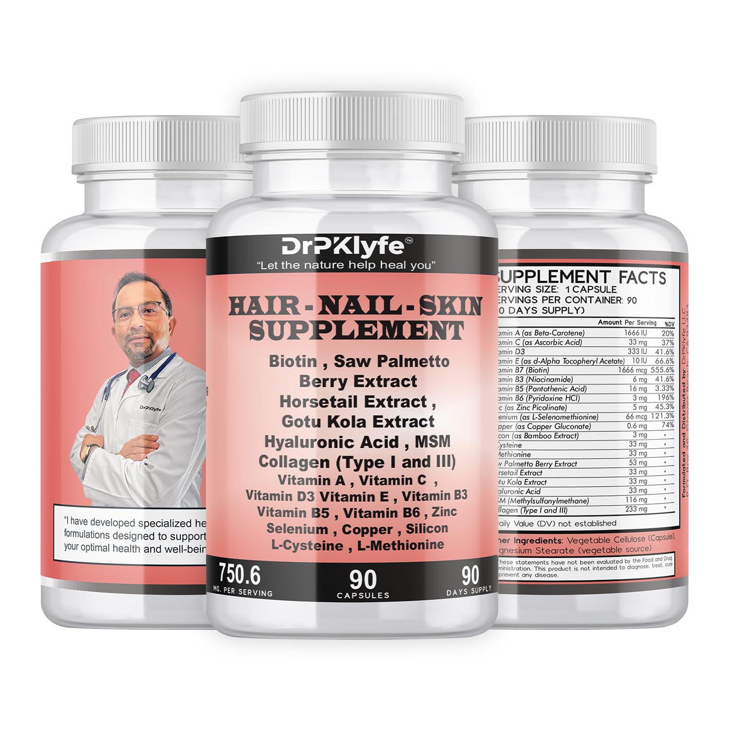 DrPKLyfe Hair, Nail and Skin Supplement Capsules:Biotin, Collagen, Collagen Peptides, Acid Hyaluronic, Biotin, Vitamin A, C, B5, B6 Saw Palmetto & More - 90 Capsules. DrPKLyfe buy supplements canada