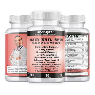 DrPKLyfe Hair, Nail and Skin Supplement Capsules:Biotin, Collagen, Collagen Peptides, Acid Hyaluronic, Biotin, Vitamin A, C, B5, B6 Saw Palmetto & More - 90 Capsules. DrPKLyfe buy supplements canada