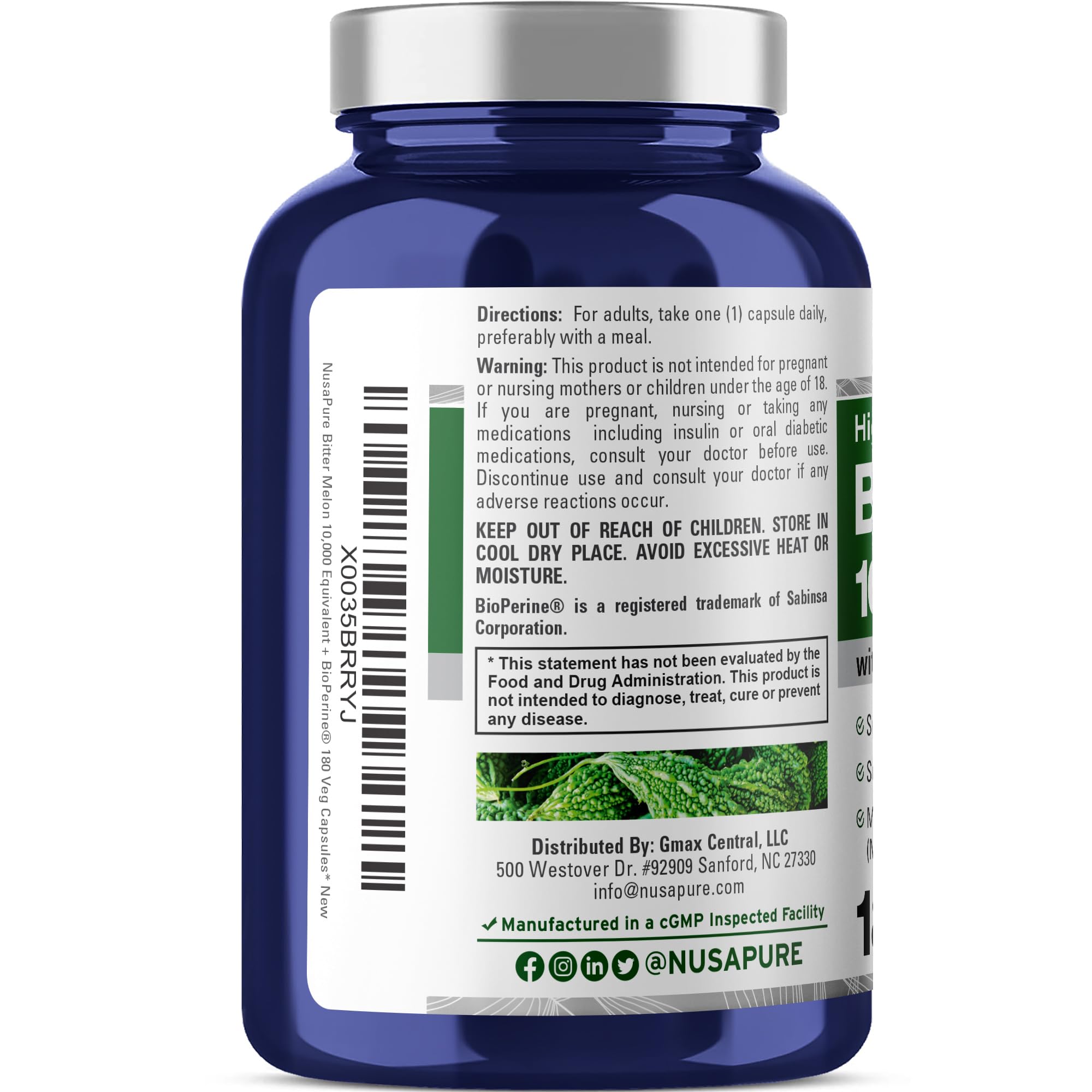 NusaPure Bitter Melon Extract 10,000 mg 180 Vegan Caps (100% Vegetarian, Non-GMO, Gluten-Free, 10% Bitter Principles) Bioperine NusaPure buy supplements canada