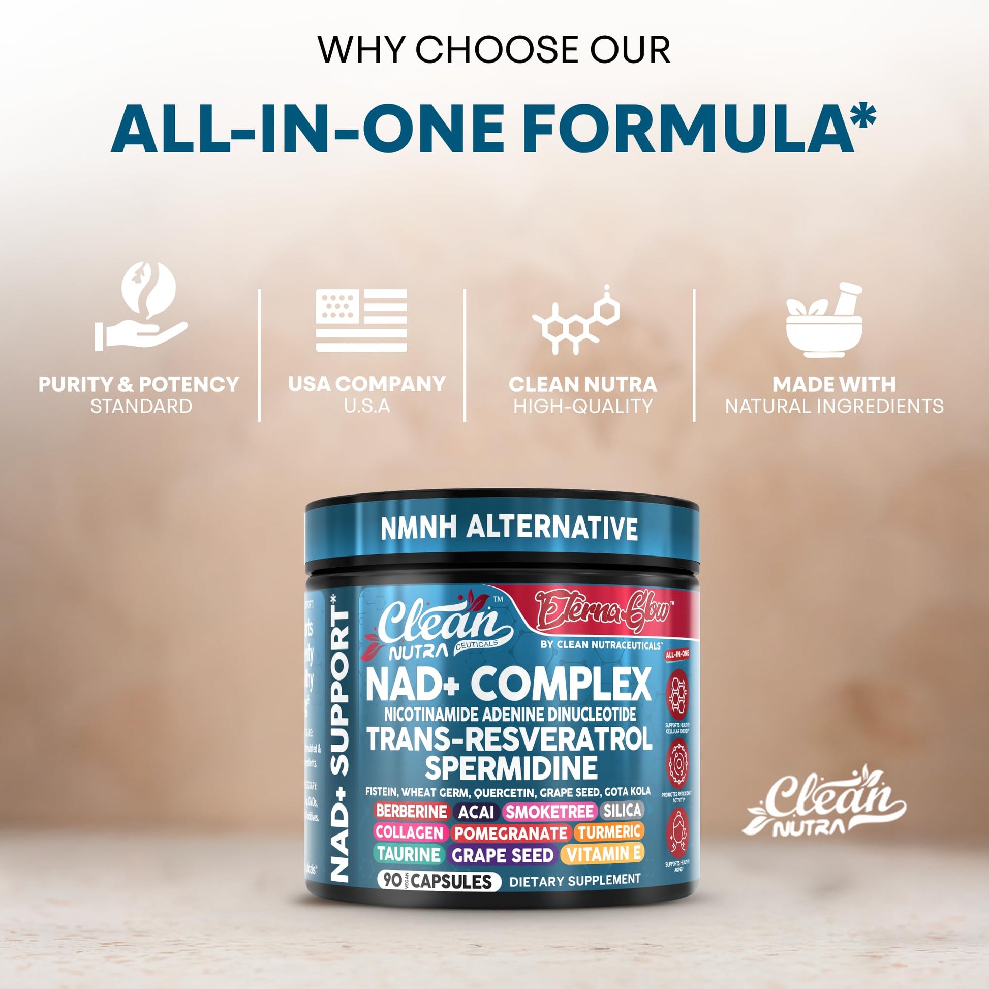 Clean NAD Supplement Resveratrol Liposomal NAD+ Spermidine Fisetin Wheat Germ Quercetin Grape Seed Extract Gotu Kola Berberine Astaxanthin Peptides for Women Energy 90 Capsules Clean Nutraceuticals buy supplements canada