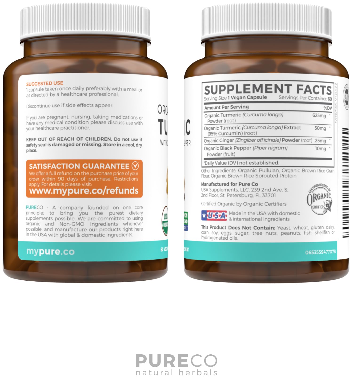 USDA Organic Turmeric Curcumin with Black Pepper and Ginger (2 Month Supply) PURE CO buy supplements canada