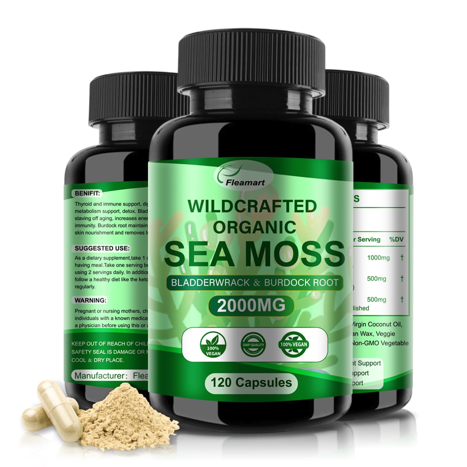 Fleamart Irish Sea Moss Capsules 120ct Raw Organic Sea Moss Wildcrafted Bladderwrack Fleamart buy supplements canada