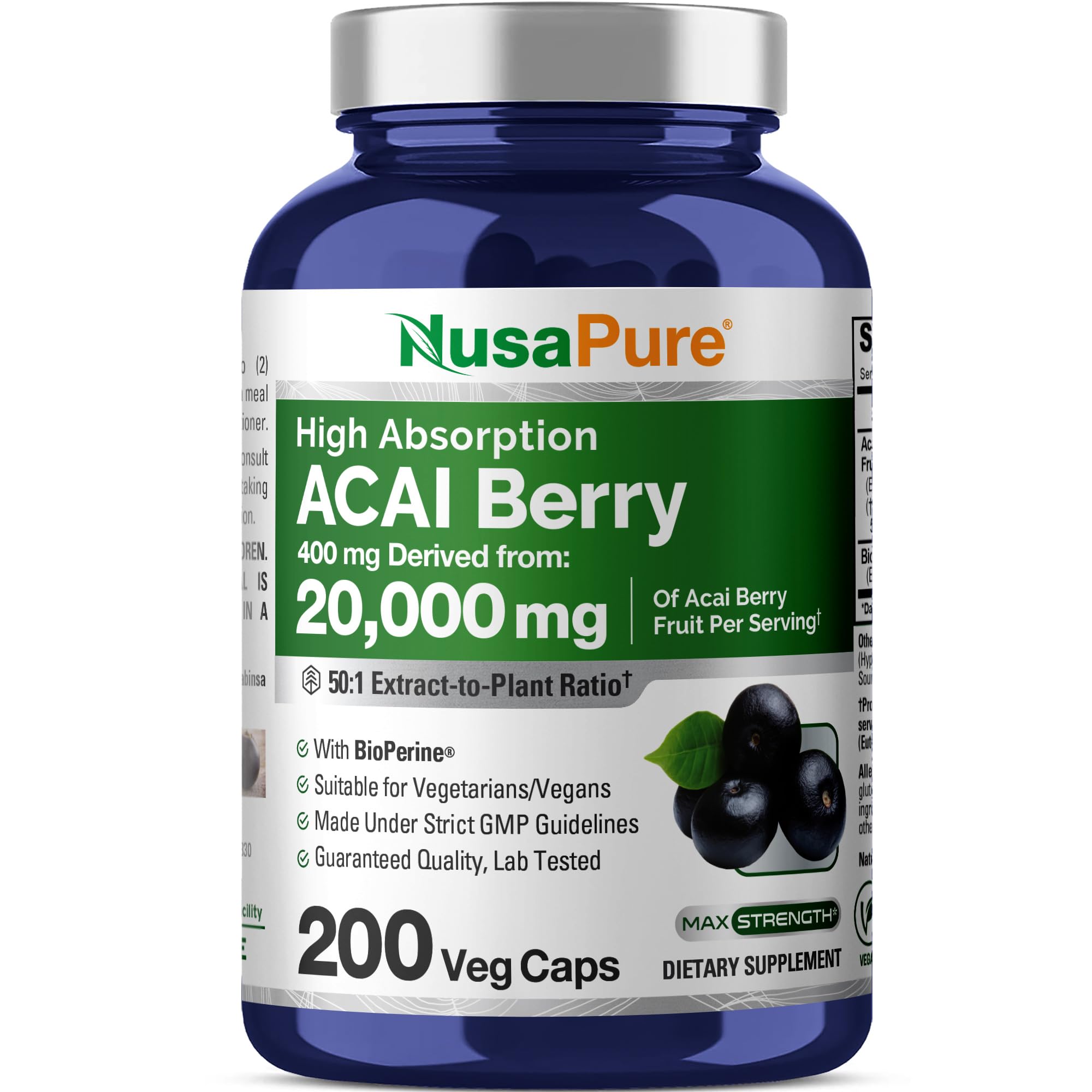 NusaPure Acai Berry 50:1 Extract - Suitable for Vegetarian/Vegan, Non - GMO - 20000 mg - 200 Capsules NusaPure buy supplements canada