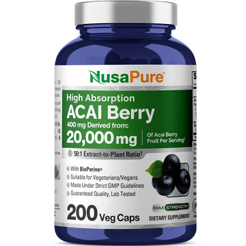 NusaPure Acai Berry 50:1 Extract - Suitable for Vegetarian/Vegan, Non - GMO - 20000 mg - 200 Capsules NusaPure buy supplements canada