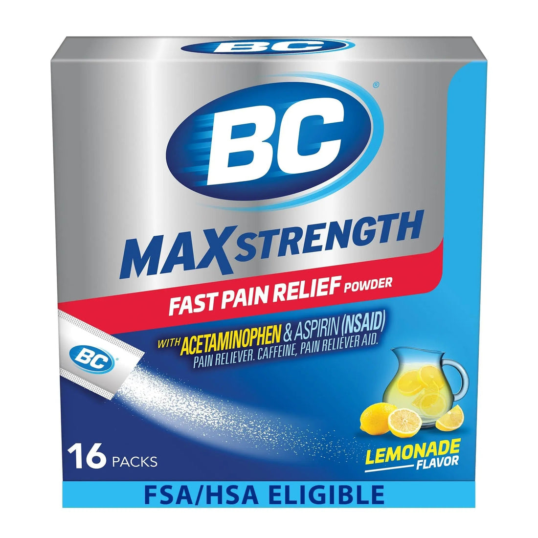 BC Max Strength Headache Relief Powder, Triple-Action Formula with Acetaminophen, Aspirin & Caffeine Eases Aches & Pains, Lemonade Flavor, 16 Count BC buy supplements canada