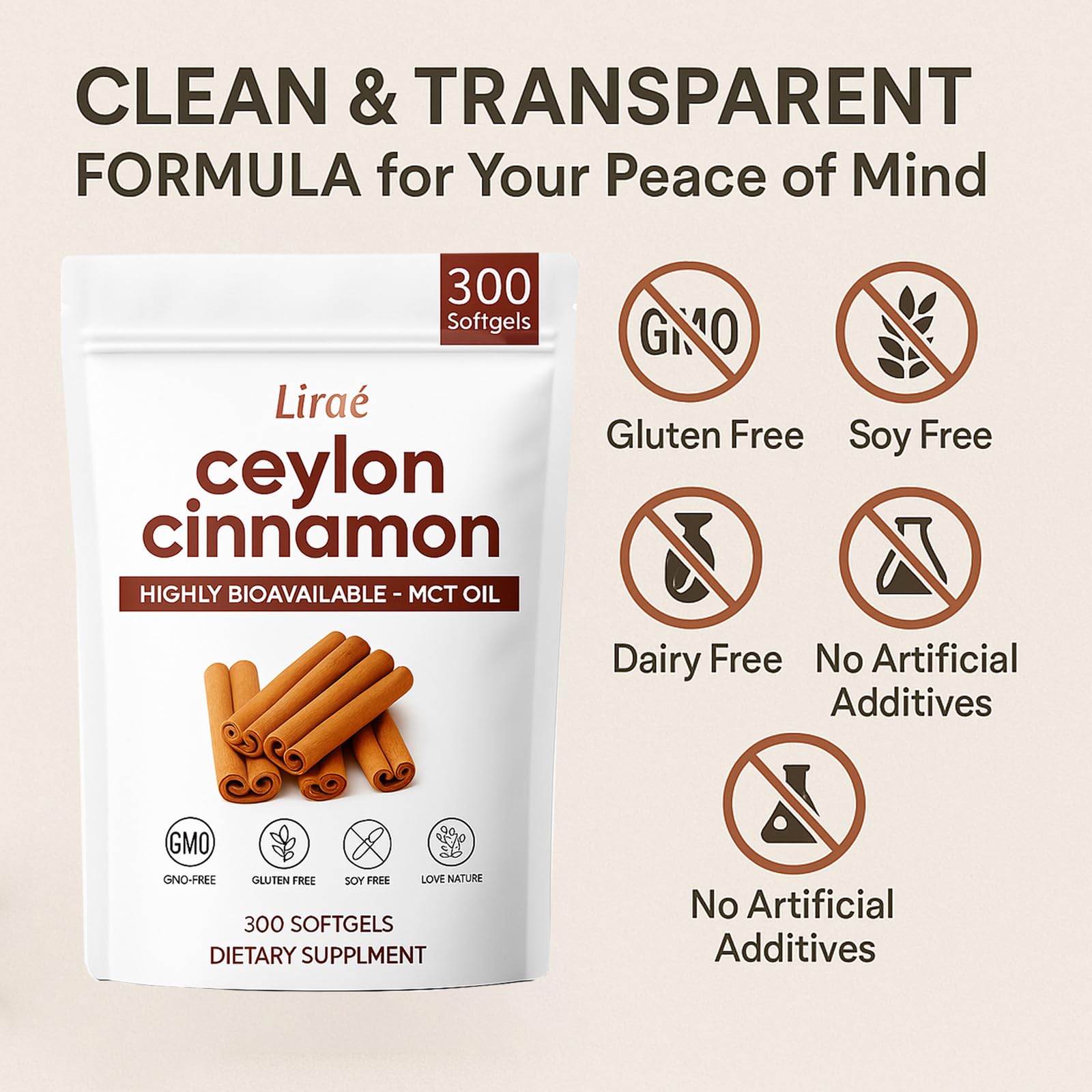LIRAE Ceylon Cinnamon Softgels with MCT Oil – 300 Softgels – True Ceylon Cinnamon Supplement – Non-GMO, Gluten Free LIRAE buy supplements canada