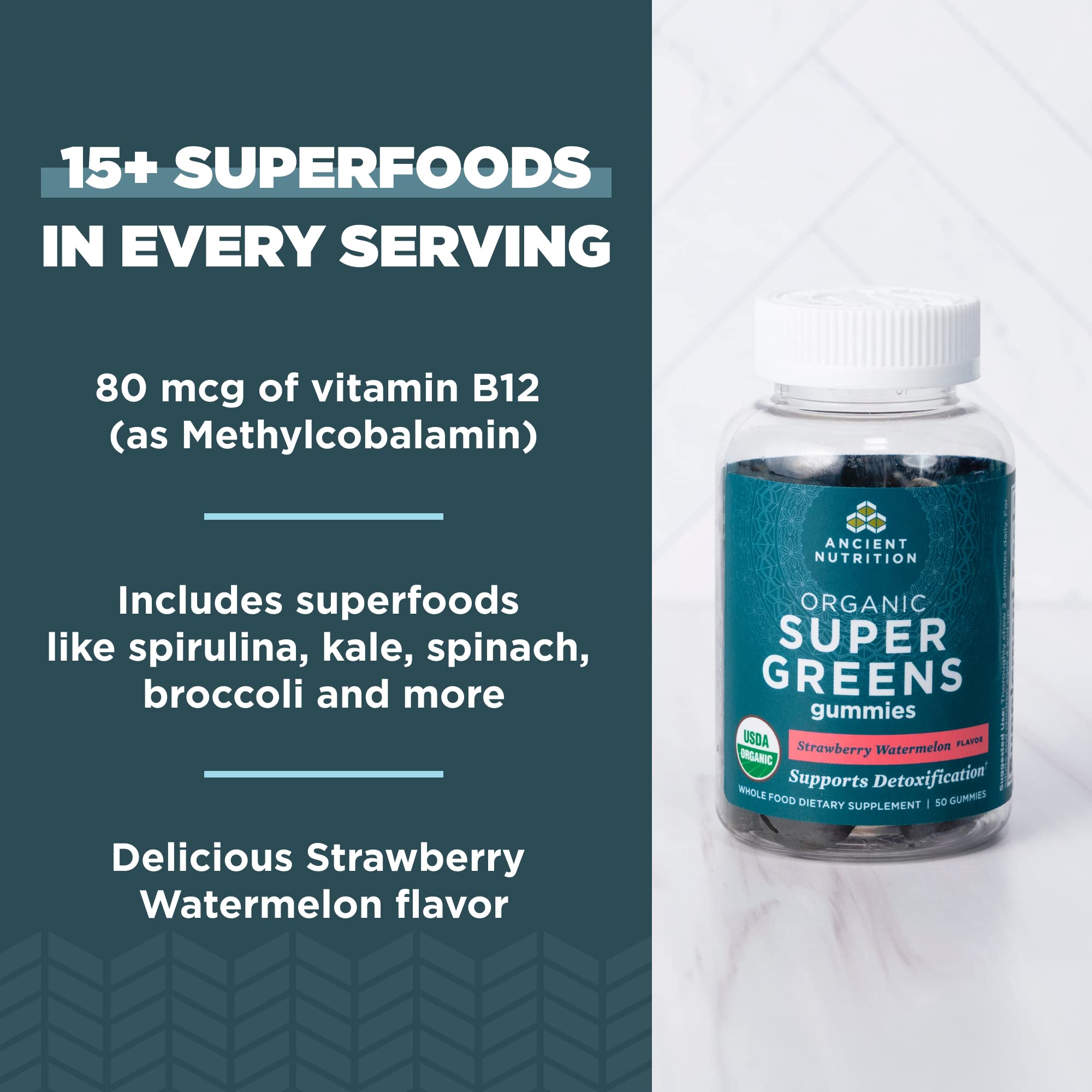 Ancient Nutrition Supergreens Gummy, Organic Superfood Gummy Made from Real Fruits, Vegetables and Herbs, for Digestive and Energy Support, 100 Count, Strawberry Watermelon Ancient Nutrition buy supplements canada