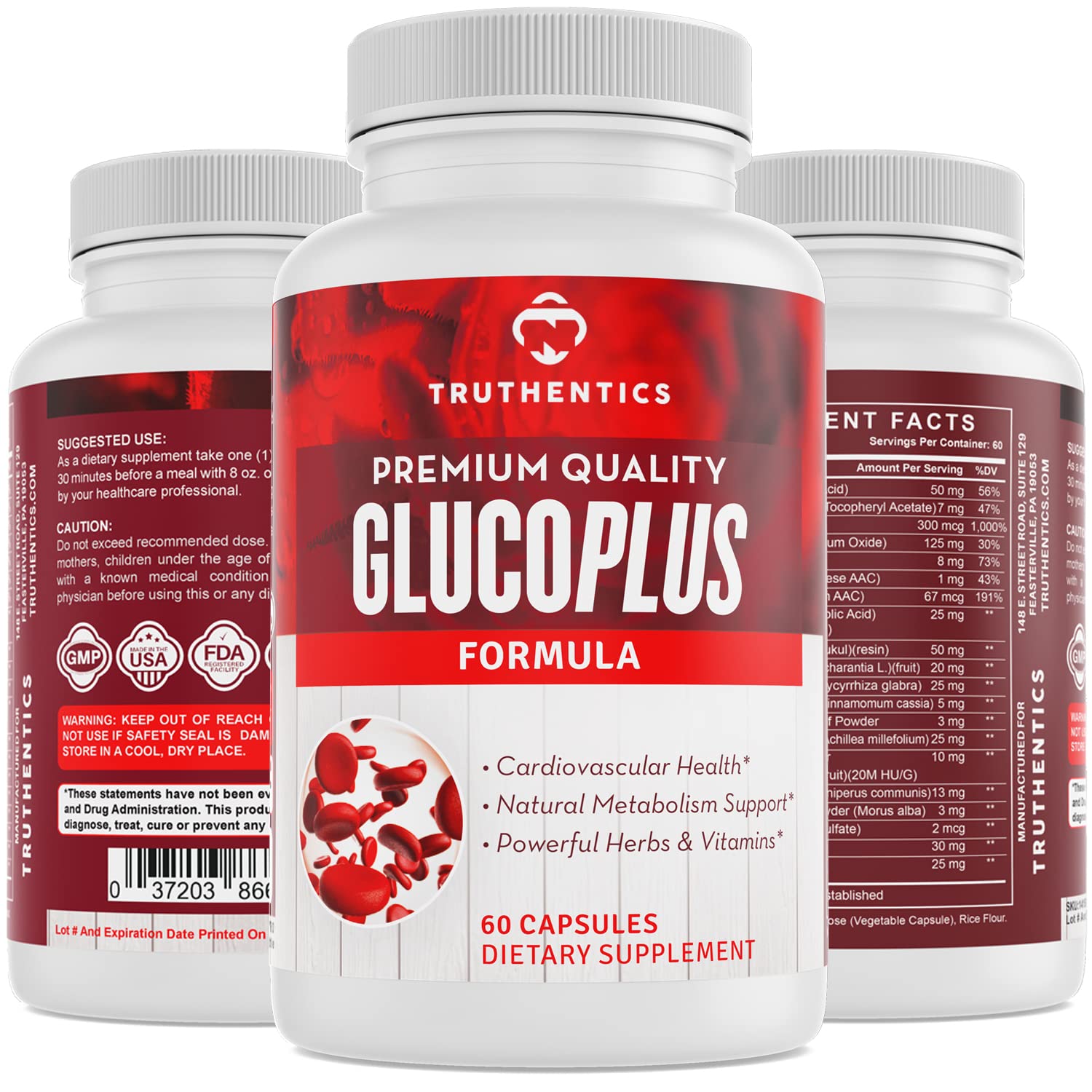 TRUTHENTICS GlucoPlus - 20 Herbs, Vitamins & Minerals with Cinnamon, Chromium, Vanadium, Bitter Melon, Alpha Lipoic Acid, Magnesium - Gluten Free, Non-GMO - 60 Capsules TRUTHENTICS buy supplements canada