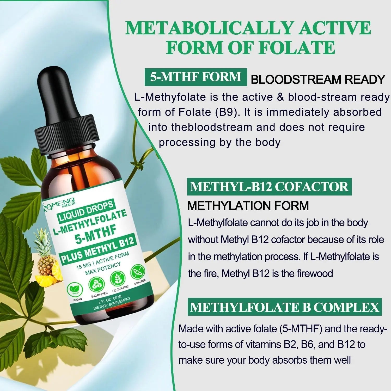 Methylfolate Supplement Liquid Drops, L Methy Folate 15mg Plus Methy B12, B6, B2 Multivitamin, Metabolically Active 5-MTHF Form AMENQ hHEALTH buy supplements canada