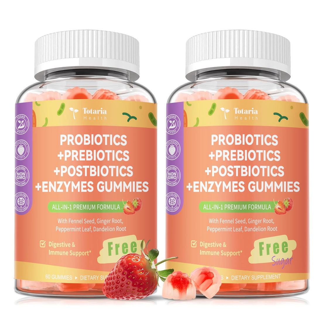 (2 Packs) Totaria Sugar Free 5-in-1 Probiotic Prebiotic Postbiotic Gummy, Probiotics for Women Men with Digestive Enzymes, Peppermint, Complete Immune, Gut & Digestive Support, Vegan Strawberry Flavor Totaria buy supplements canada