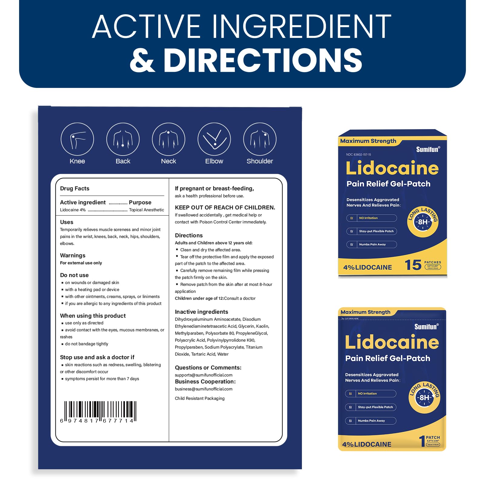 Sumifun 4% Lidocaine Pain Relief Patches 15 Counts Maximum Strength Numbing Gel Patch for Back Knee Neck Joint Ache Muscle Soreness Topical Analgesic Sumifun buy supplements canada