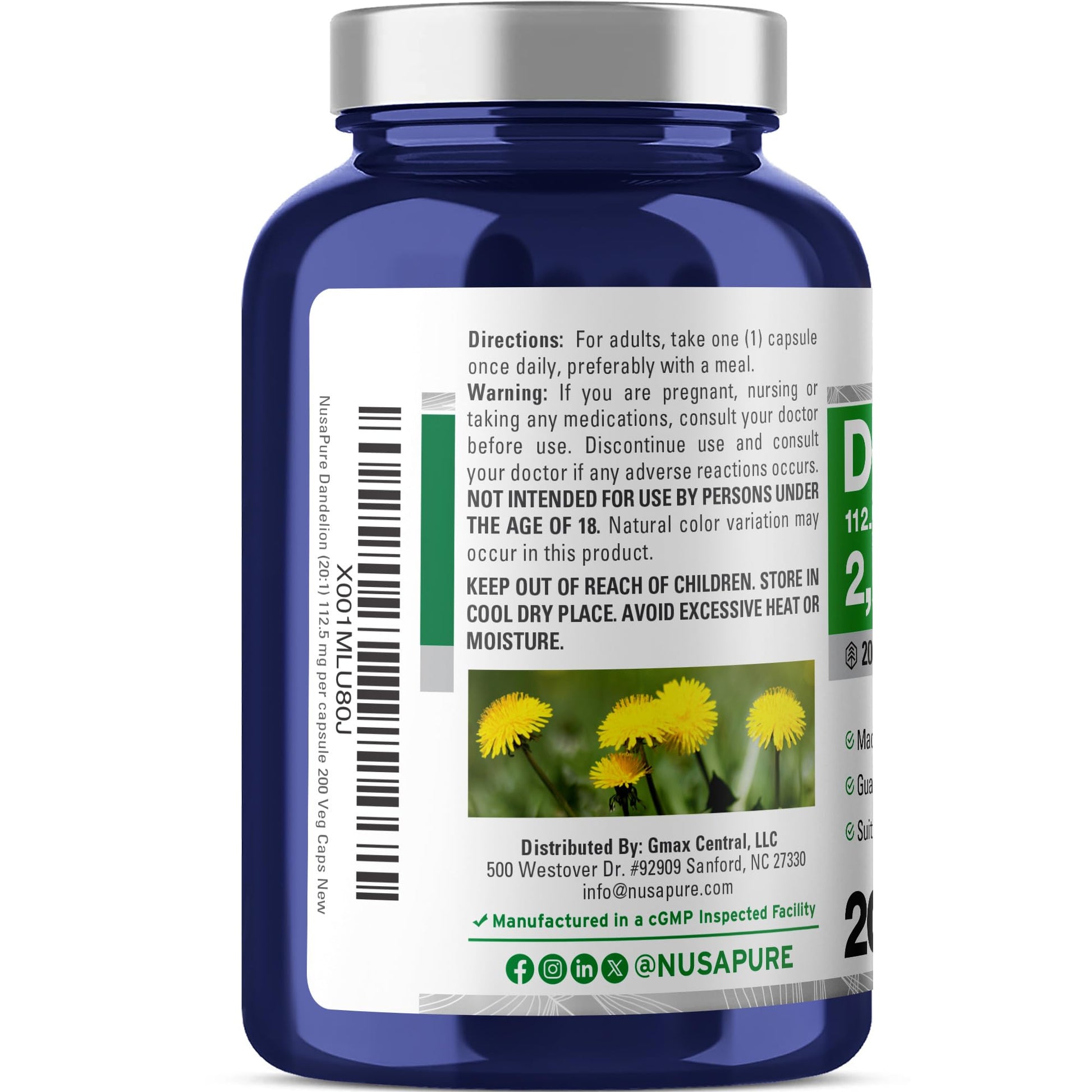NusaPure Dandelion Root 20:1 Extract, 112.5 mg Equivalent to 2,250 mg 200 Veggie Capsules (Non-GMO, Vegan) NusaPure buy supplements canada