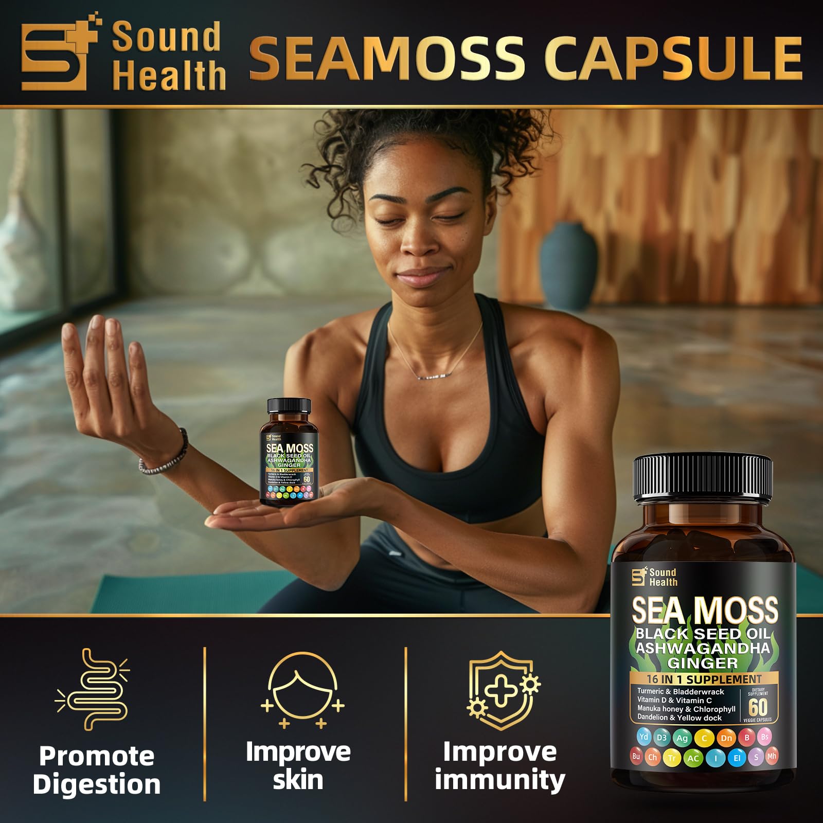 Sea Moss Capsules with Ashwagandha, Turmeric, Bladderwrack, Vitamins C & D for Natural Energy, Sleep Support & Hair Growth, 1200mg Herbal Blend, for Man & Women, Third-Party Tested，16-in-1 Supplement SoundHealth buy supplements canada