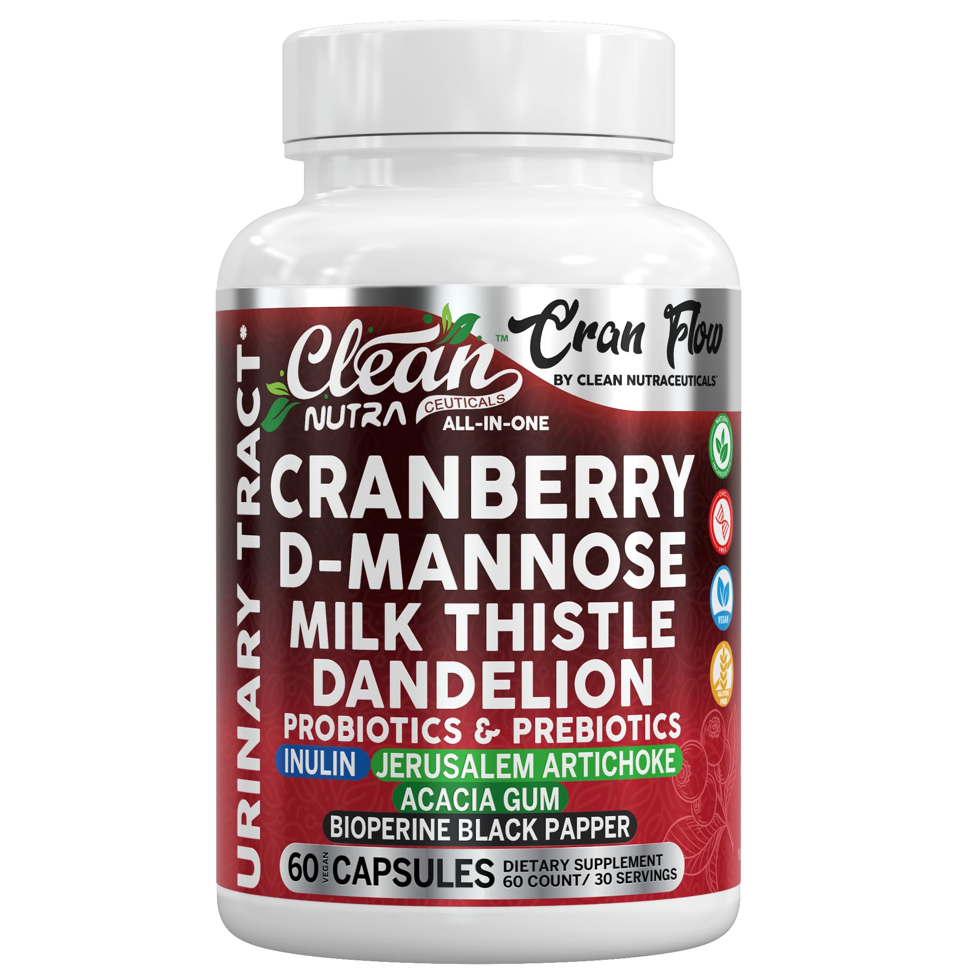 Cran Flow Cranberry Pills for Urinary Health D-Mannose Milk Thistle Dandelion Inulin Vitamin C Prebiotics and Probiotics Bladder Support By Clean Nutra Clean Nutraceuticals buy supplements canada