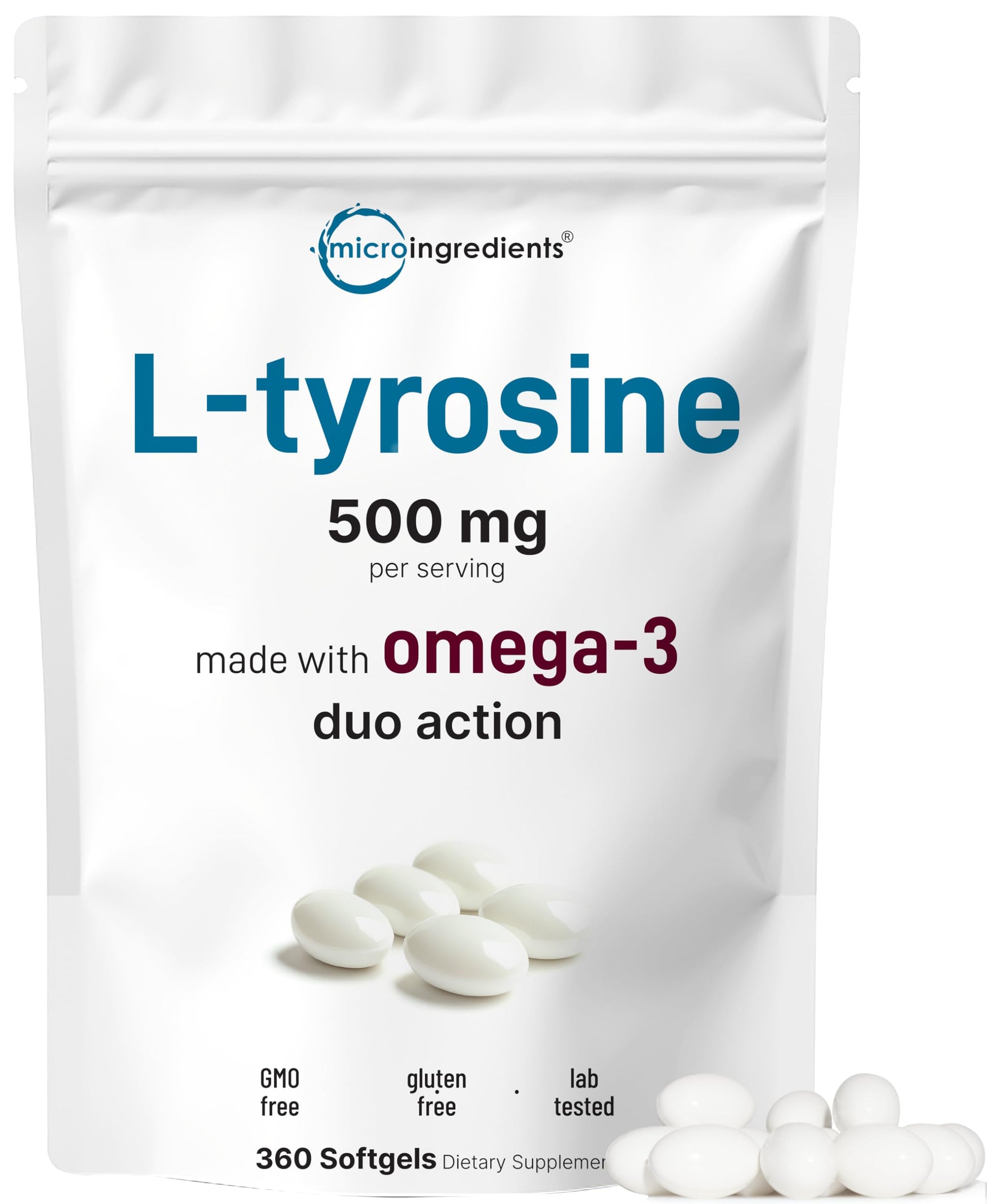 L Tyrosine Supplement 500mg with Omega-3, 360 Softgels | Duo Action Amino Acids + Omega from Flaxseed Oil 1,000mg with ALA | Heart and Mood Support | Brain Supplements for Memory and Focus | Non-GMO Micro Ingredients buy supplements canada