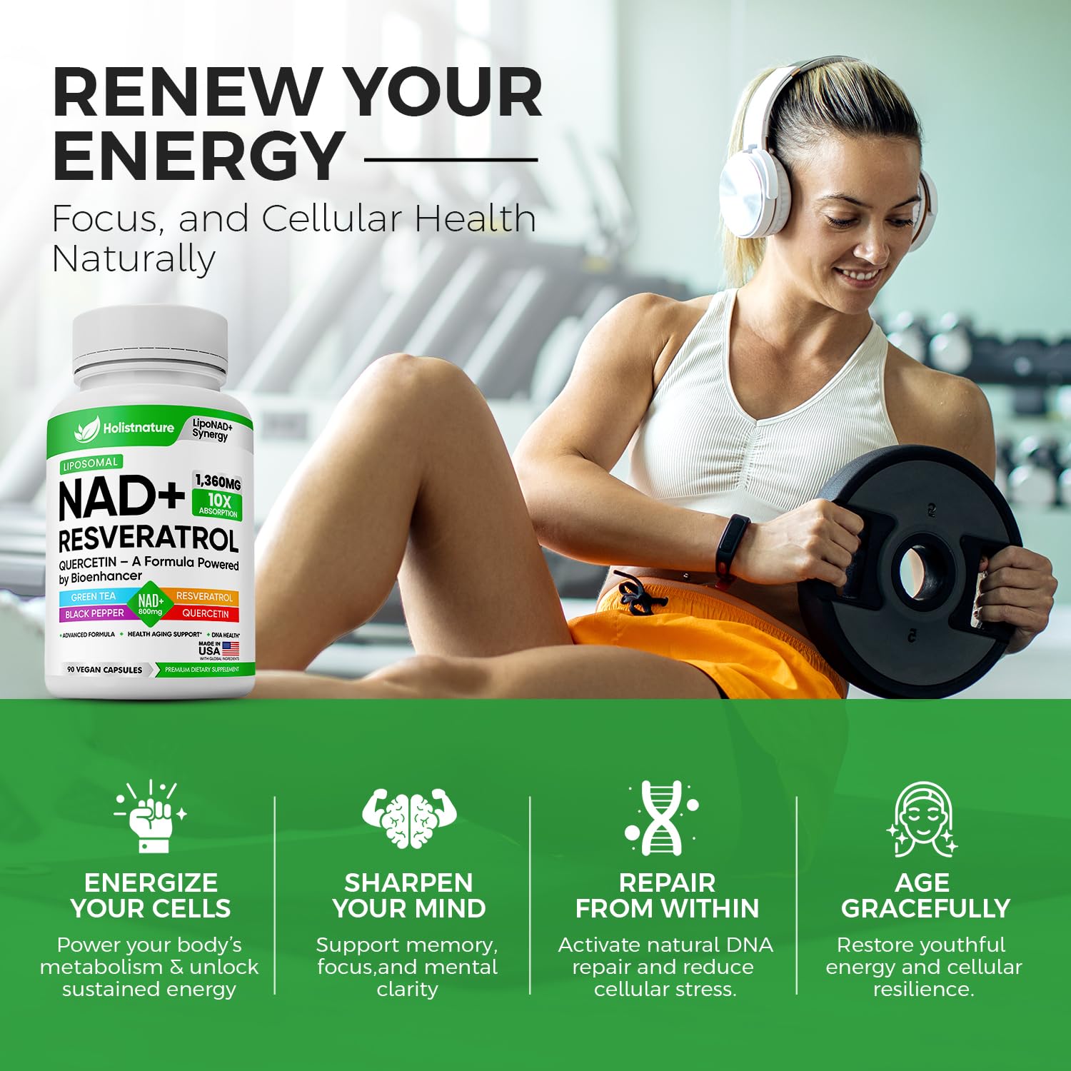 NAD+ Supplement, 1,360mg Max Strength Liposomal | Resveratrol, Quercetin, Green Tea | Cellular Energy & Healthy Aging for Men & Women | 800mg of 100% High Purity NAD+ for Energy, Focus - 90 Capsules Holistnature buy supplements canada