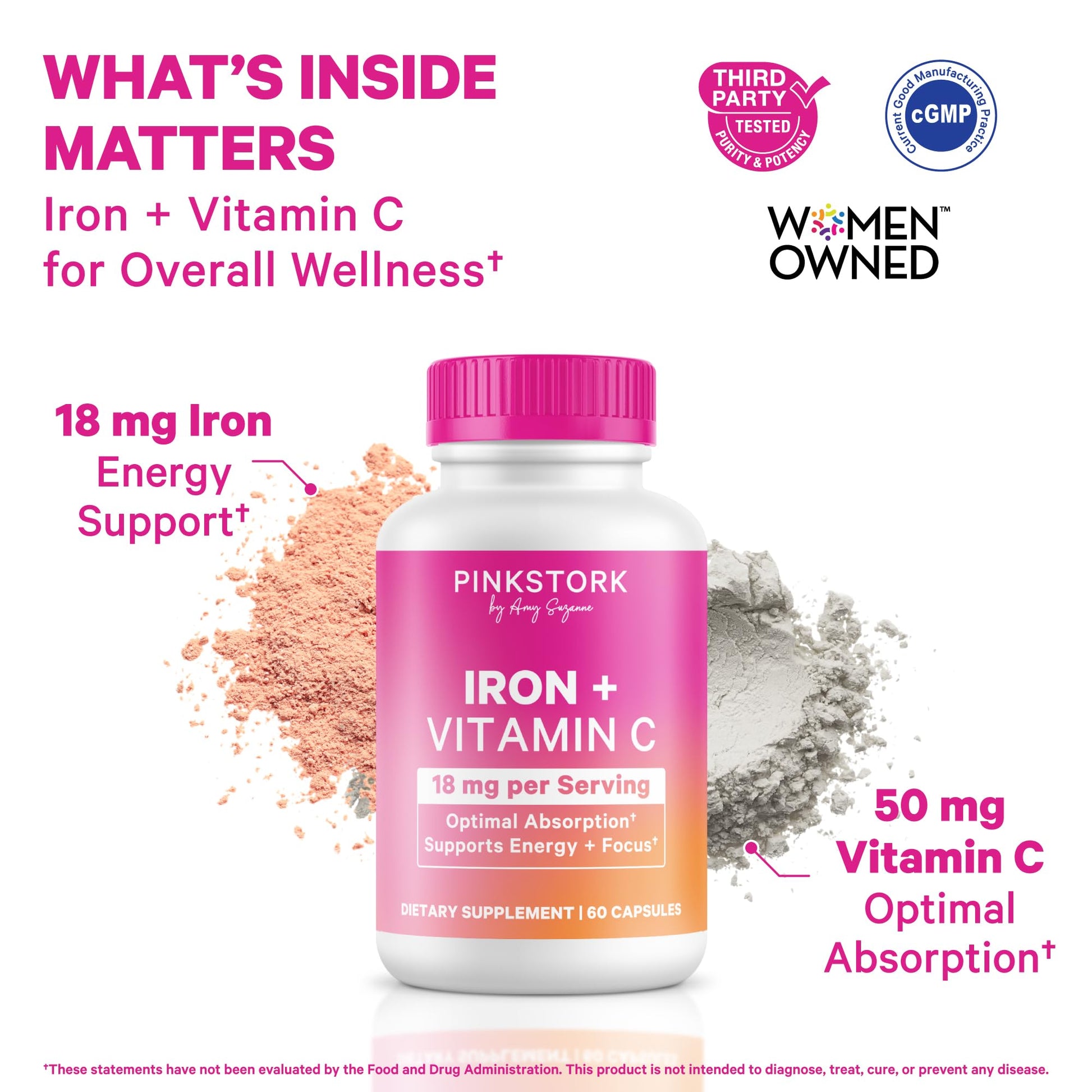 Pink Stork Iron for Women – 18 mg Non-Constipating Iron Bisglycinate + Vitamin C for Optimal Absorption – Energy, Focus, & Oxygen Supply – PMS, Pregnancy, Postpartum & Perimenopause - 60 Capsules Pink Stork buy supplements canada