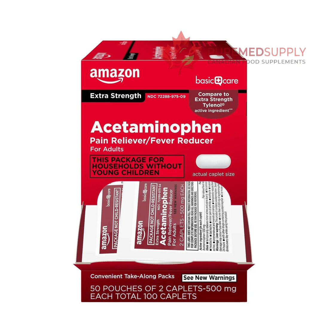 Amazon Basic Care Extra Strength Acetaminophen Caplets 500 mg, Pain Reliever and Fever Reducer, Gentle on Stomach, For Arthritis Pain, Backache Pain and More, 50 Packets of 2 Capsules Each, 100 Count Amazon Basic Care buy supplements canada