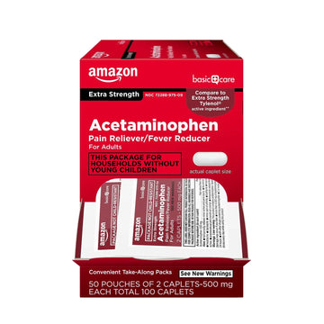 Amazon Basic Care Extra Strength Acetaminophen Caplets 500 mg, Pain Reliever and Fever Reducer, Gentle on Stomach, For Arthritis Pain, Backache Pain and More, 50 Packets of 2 Capsules Each, 100 Count Amazon Basic Care buy supplements canada