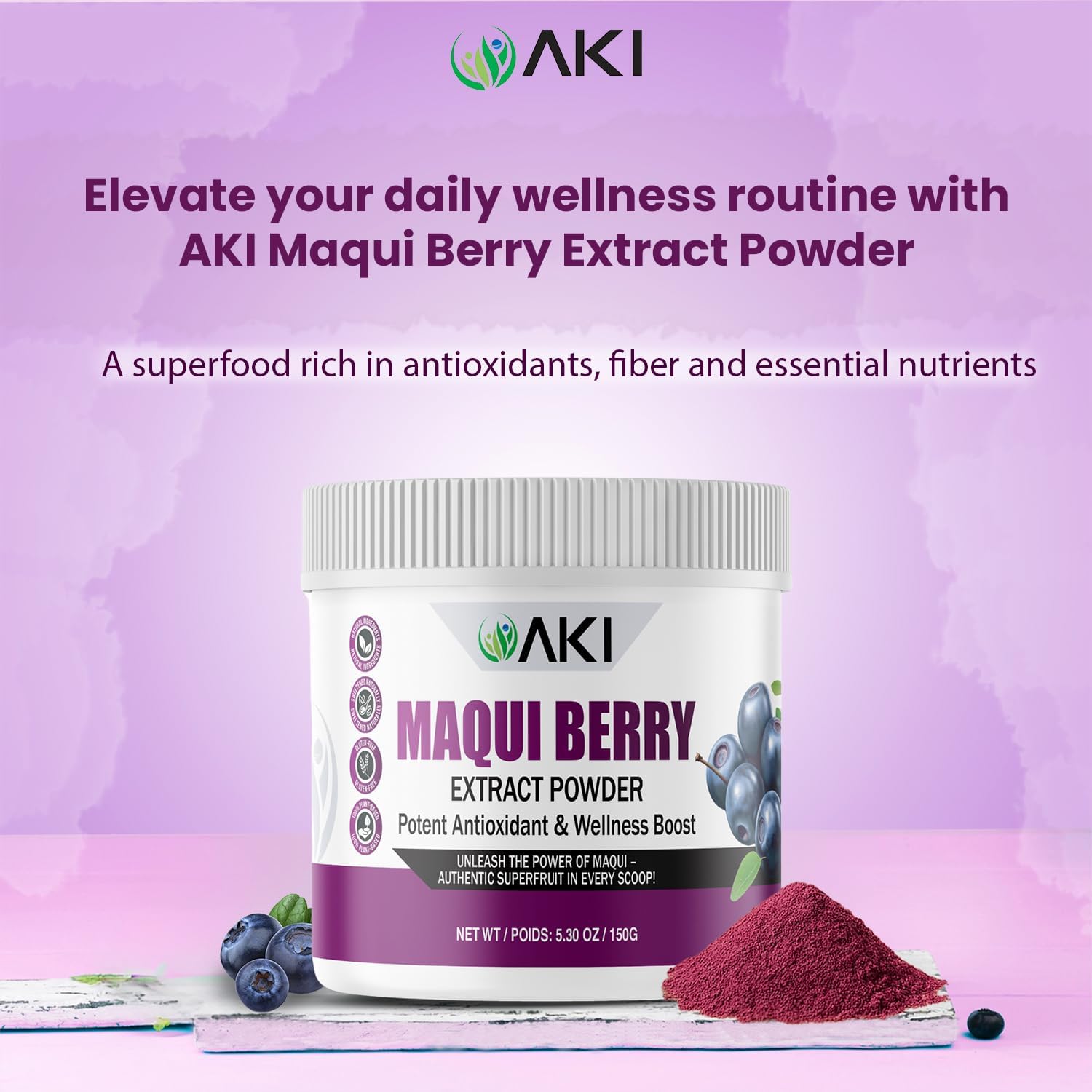 AKI Maqui Berry Extract Powder – Wild Harvested from Patagonia, High in Anthocyanins & Polyphenols, Freeze-Dried Superfruit for Smoothies, Non-GMO, Vegan, 150g/ 5.3 oz AKI ORGANIC buy supplements canada
