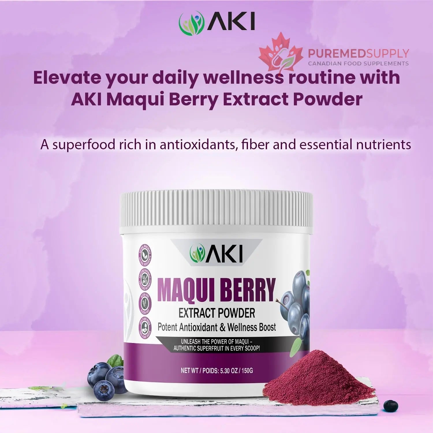 AKI Maqui Berry Extract Powder – Wild Harvested from Patagonia, High in Anthocyanins & Polyphenols, Freeze-Dried Superfruit for Smoothies, Non-GMO, Vegan, 150g/ 5.3 oz AKI ORGANIC buy supplements canada