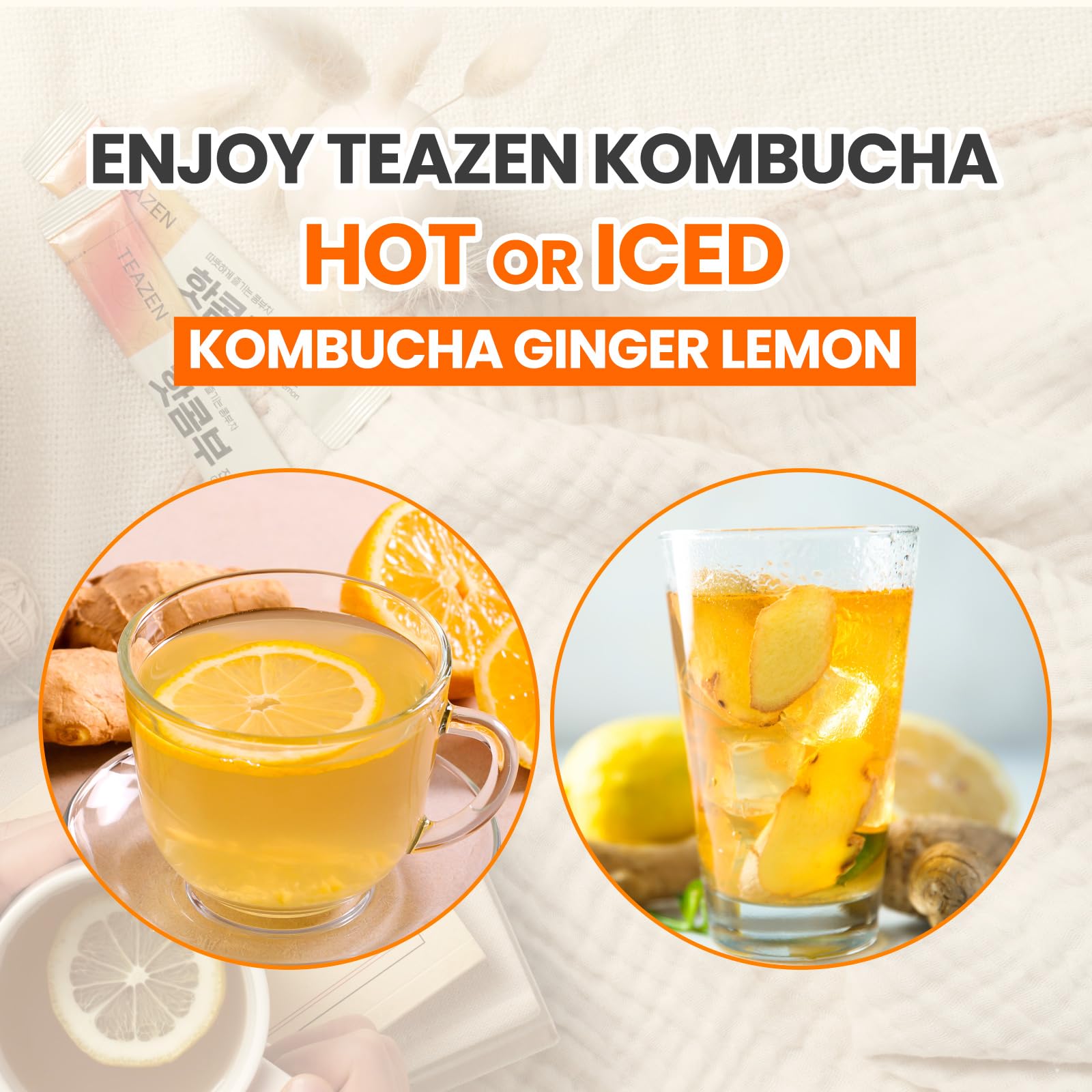TEAZEN Lemon Ginger Hot Kombucha Tea, Live Probiotics & Postbiotics, Relaxation and Warmth for Colds and Sore Throat, Hydration Drink Mix, Sugar Free, 30 Sticks, 5.29oz TEAZEN buy supplements canada