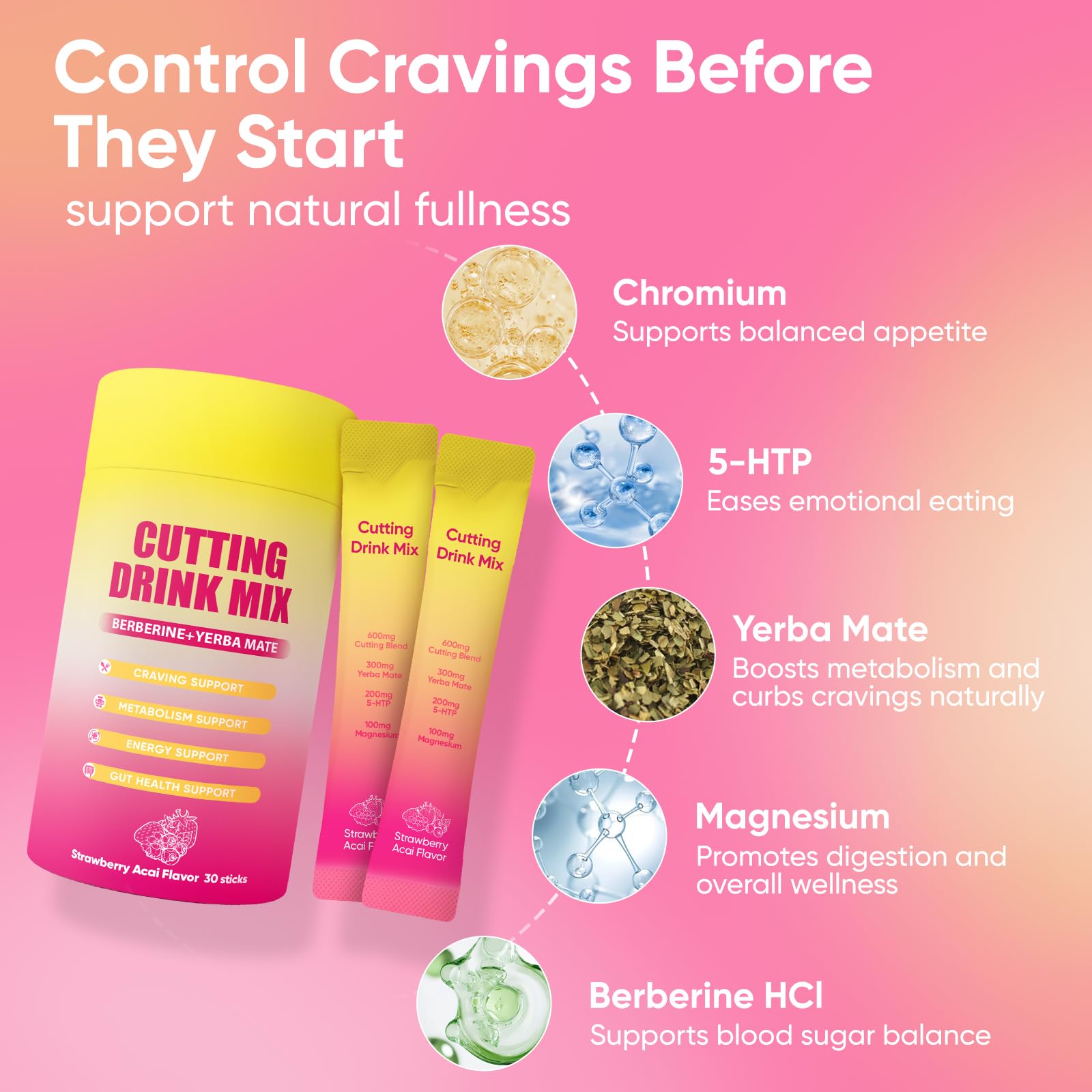 PlocoXe Cutting Drink Mix with Berberine, Chromium, 5-HTP, Yerba Mate & Magnesium - Dual-Action Craving & Gut Health | Strawberry Acai Flavor,Vegan, PlocoXe buy supplements canada