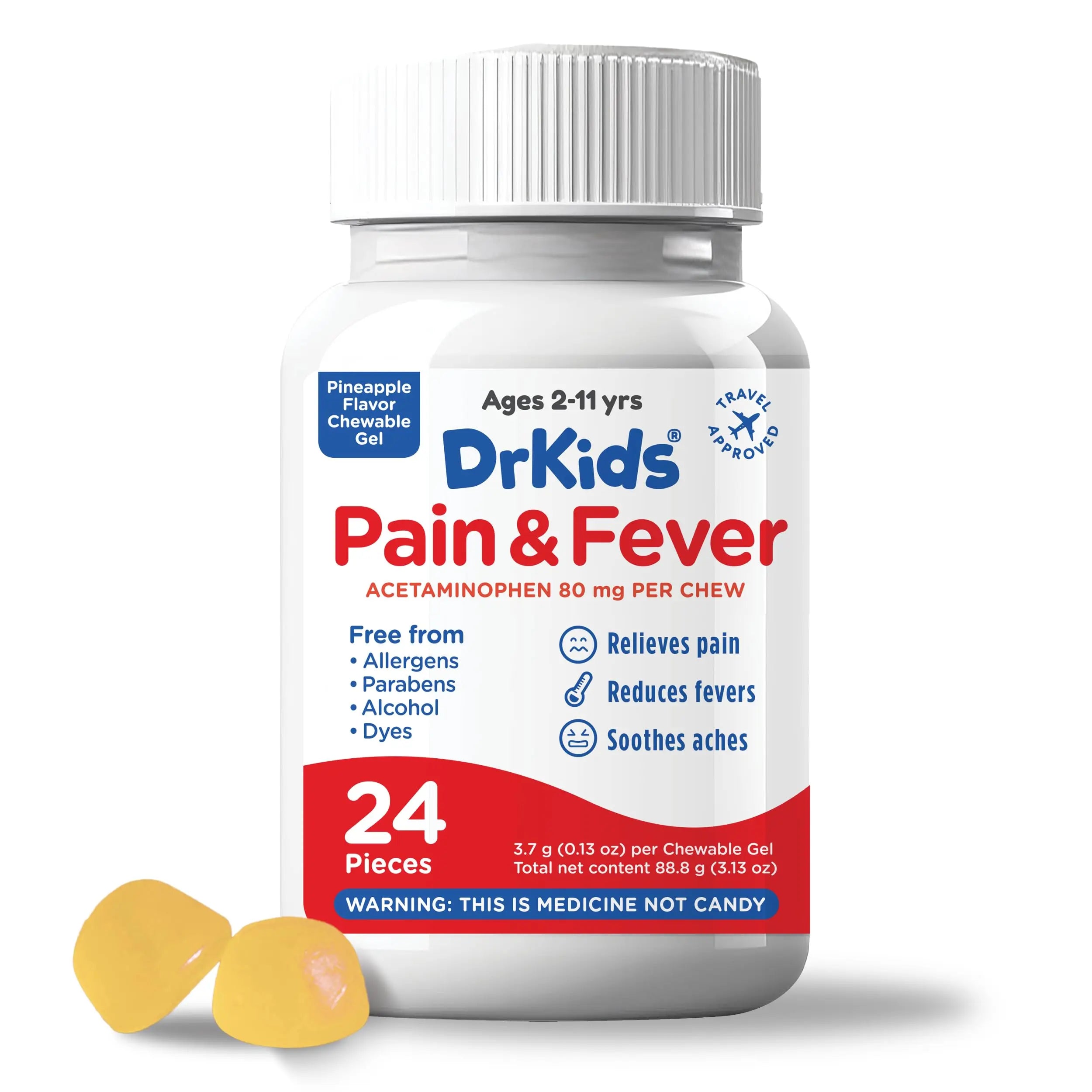 Dr. Kids Children’s Pain and Fever Chewable Gels – Pain Relief and Fever Reducer for Kids Ages 2–11, 80 mg Chewable Acetaminophen for Headache, Sore Throat, Cold & Flu, Pineapple Flavor, 24 Count Dr. Kids buy supplements canada