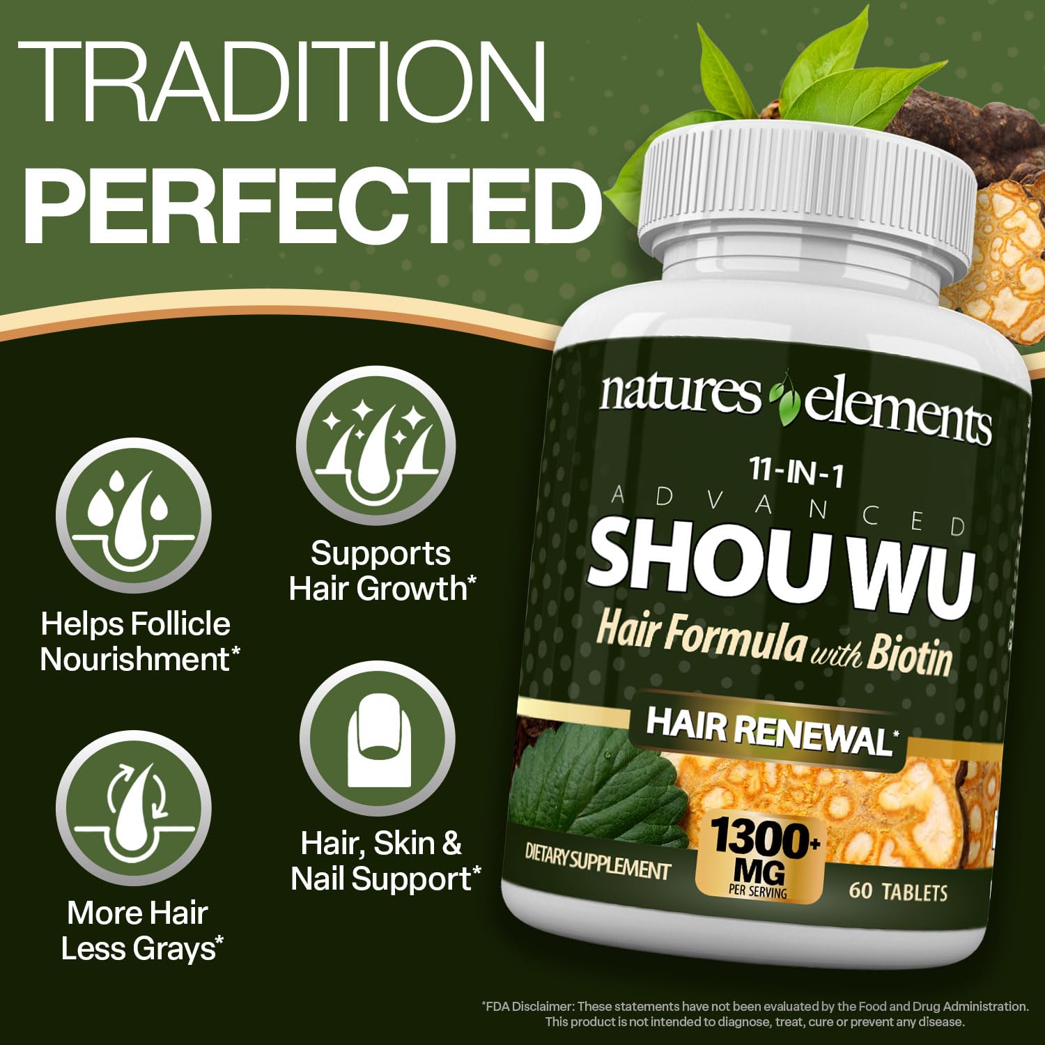 Natures Elements Advanced Shou Wu for Gray Hair – Prepared He Shou Wu for Hair Growth with Biotin, Bioperine, Fo-Ti Root & More – 100% Natural – 60 Tablets – Non-GMO, Gluten-Free Natures Elements buy supplements canada