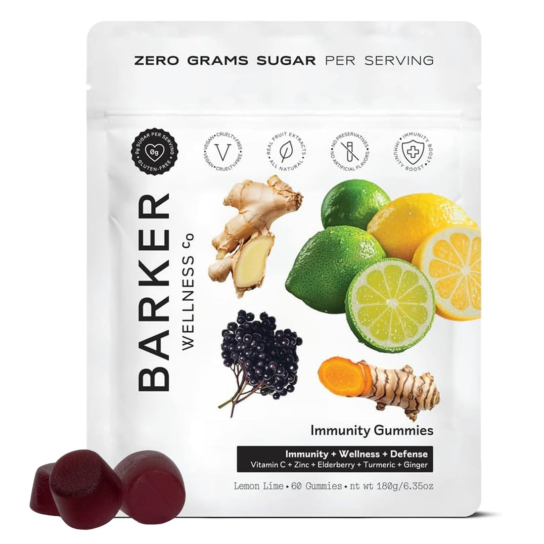 Barker Wellness Immunity Gummies with Vitamin C, Zinc, Elderberry, Turmeric & Ginger for Daily Immune Support | Vegan, Sugar-Free, Lemon-Lime Flavor | Seasonal Wellness Essentials, 60 Count Barker Wellness Co buy supplements canada