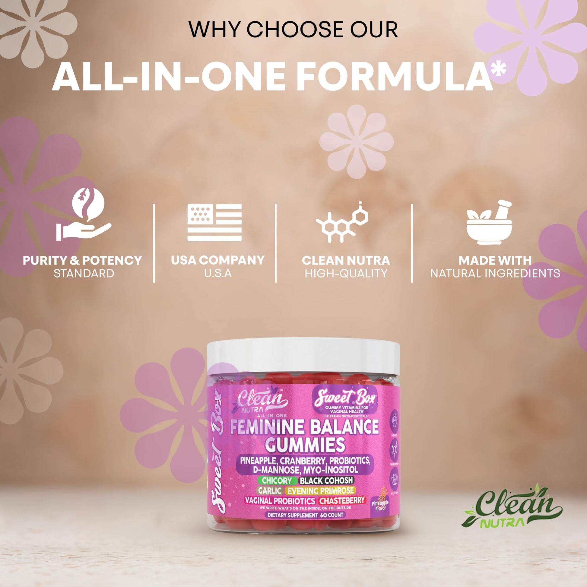 Clean Nutra Feminine Balance Gummies for Women Pineapple VaginalProbiotics pH Balance Cranberry D Mannose Supplement Inositol Black Cohosh Evening Primrose Garlic Vitex GLA Prebiotics Folate 60ct Clean Nutraceuticals buy supplements canada