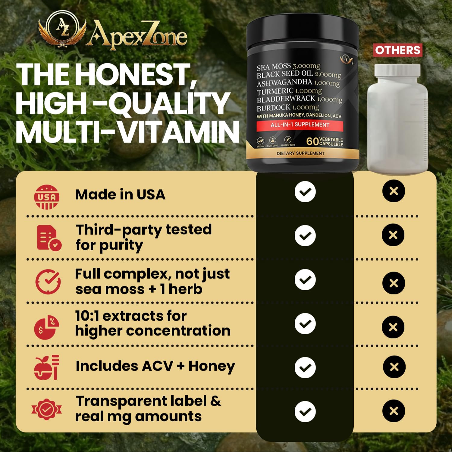 AZ ApexZone True Sea Moss Capsules Black Seed Oil Ashwagandha Burdock Root, Tumeric Supplement with Manuka Honey, Dandelion Root ACV - 60 Capsules - Multi Vitamin AZ ApexZone buy supplements canada