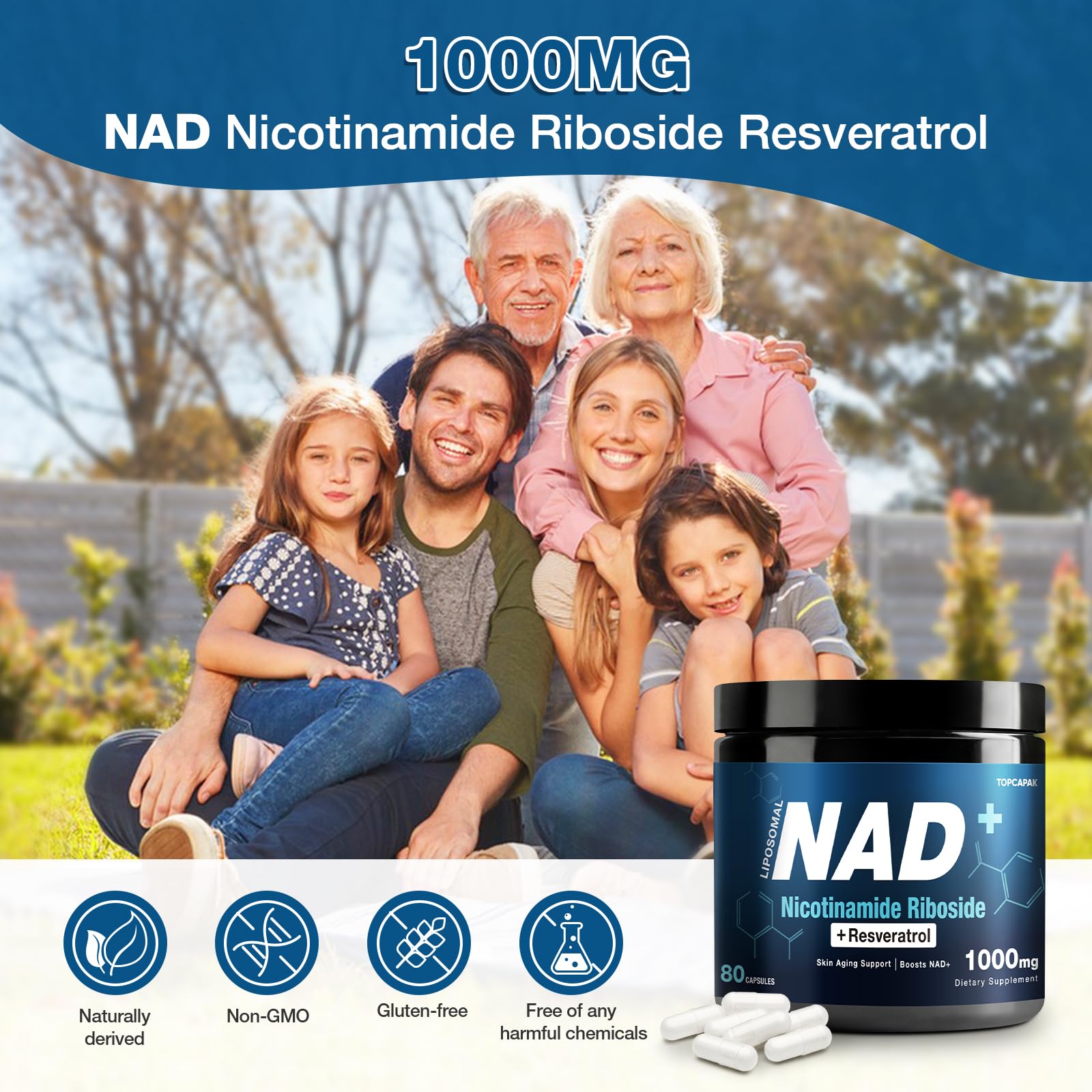 NAD+ Supplement 1000mg - Nicotinamide Riboside (NR) and Resveratrol, Liposomal NAD of Pure Organic Ingredients for Women & Men Healthy Aging, Brain and Cellular Energy, 80 Capsules TOPCAPAK buy supplements canada